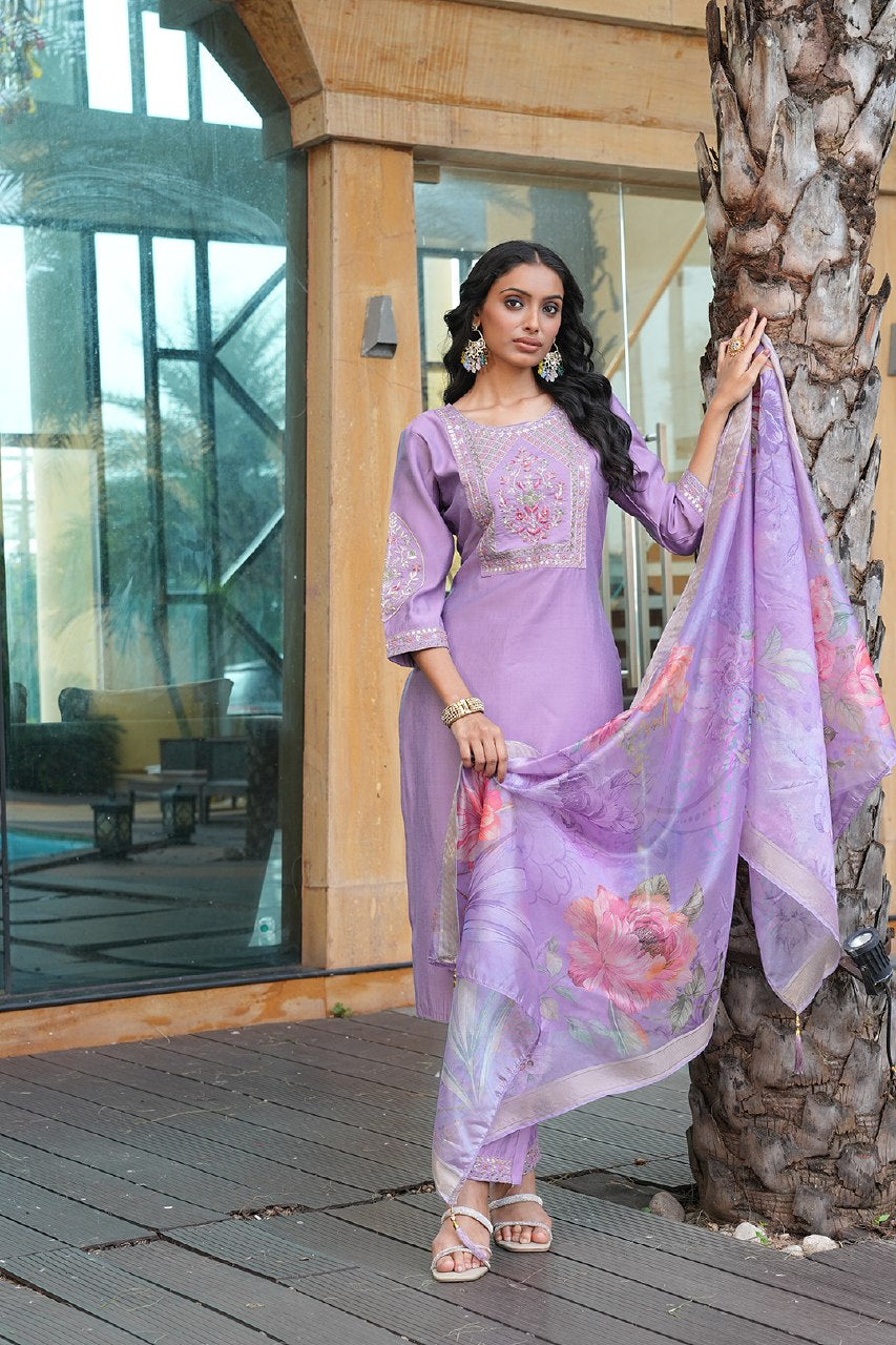 Designer Embroidered Kurta Pant Set with Printed Dupatta Perfect For Wedding Function