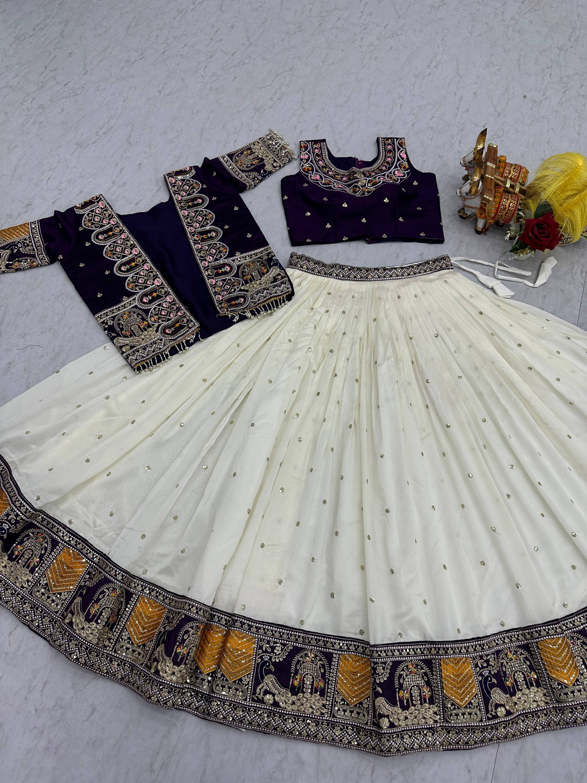 Festival Collection Pure Vichitra Lehenga Choli with Embroidered Koti - Fully Stitched