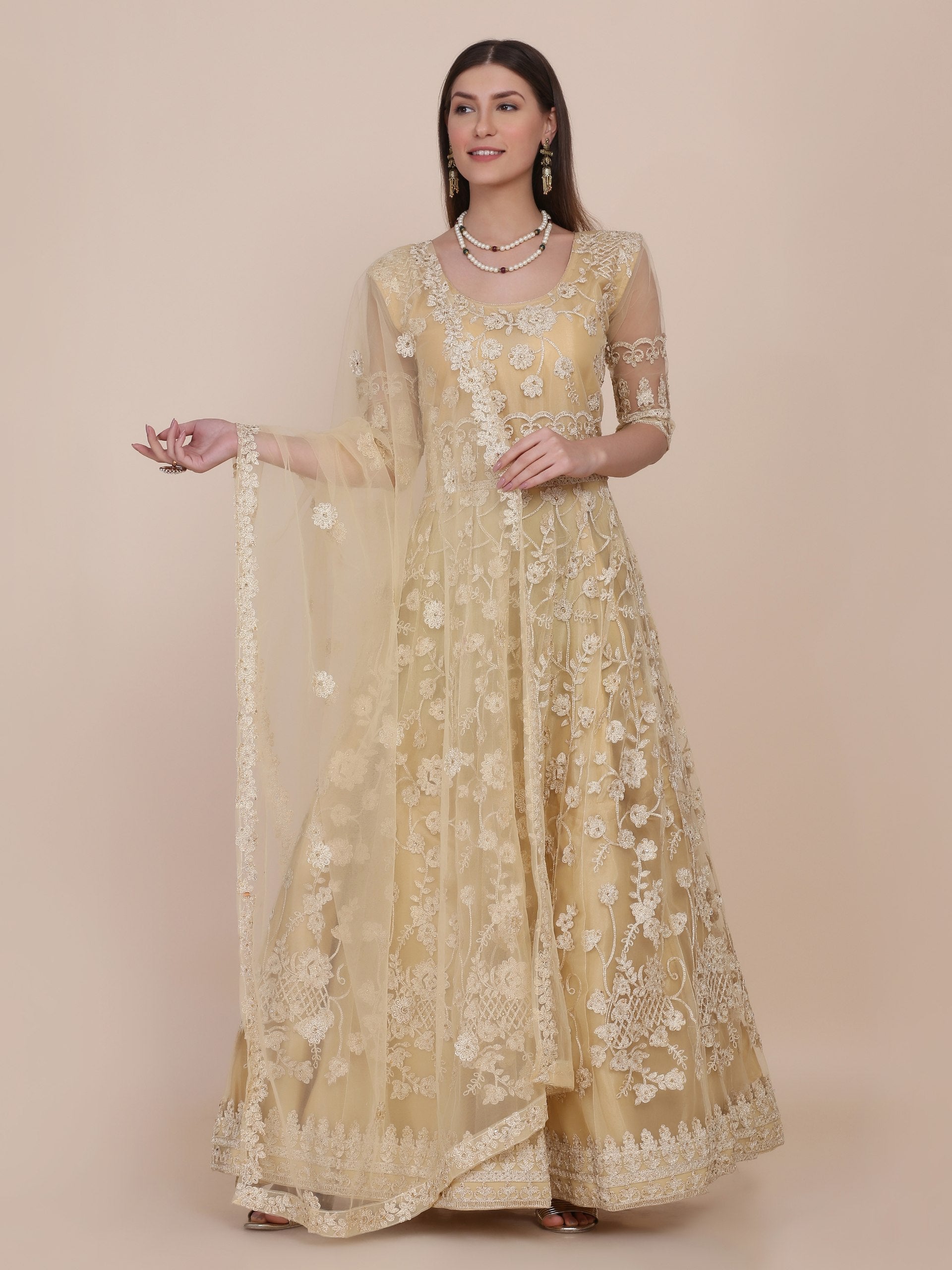 Wedding Wear Cream Net Anarkali Suit Set with Embroidered Dupatta