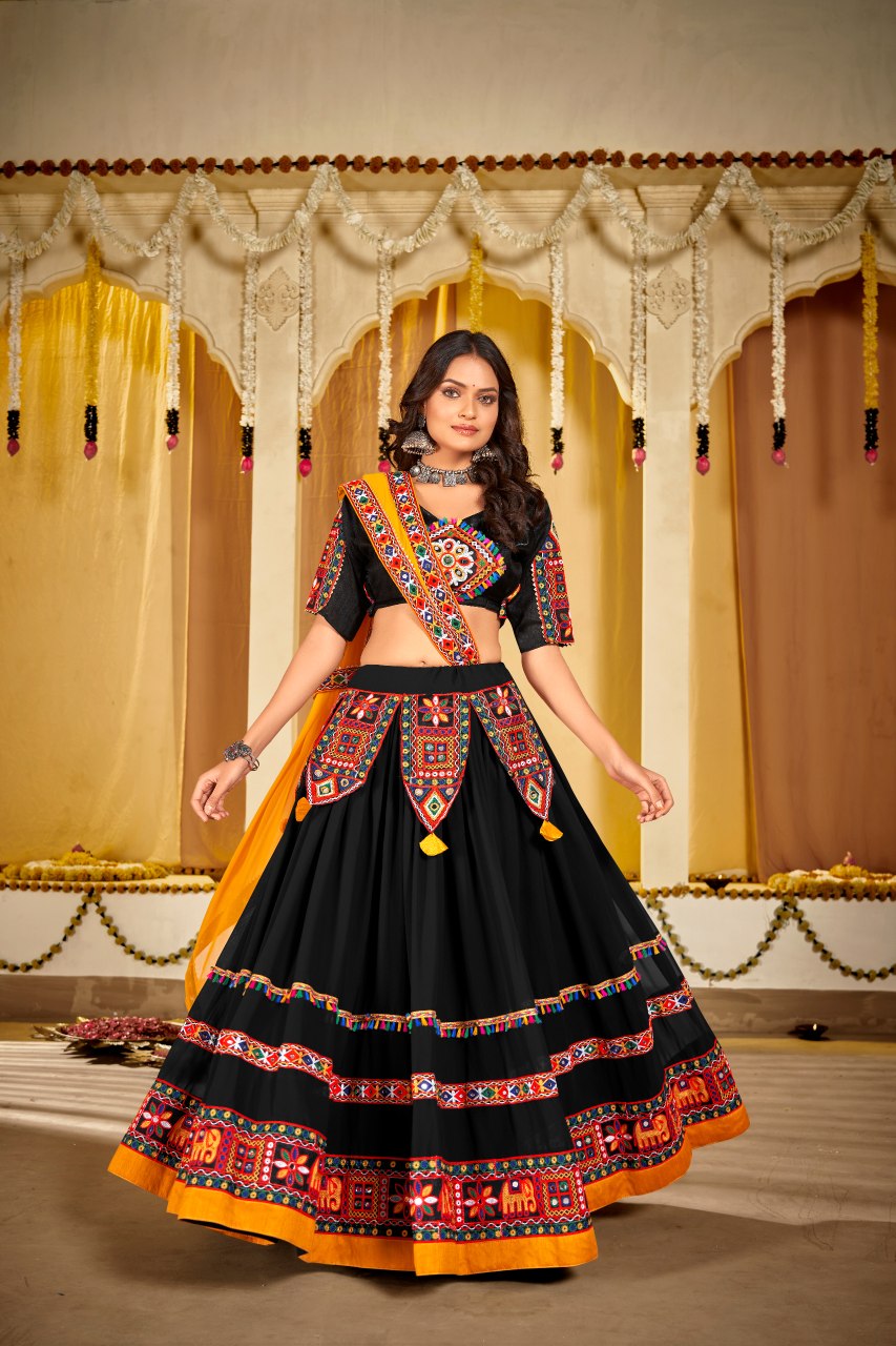 Navratri Special Black Georgette Chaniya Choli with Kutchi Embroidery and Mirror Work
