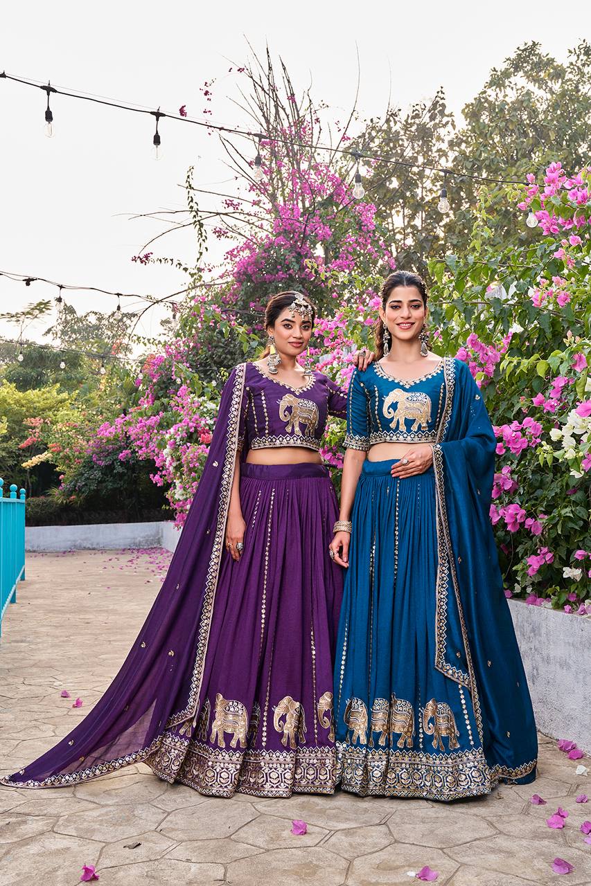 Wedding Collection Pure Vichitra Lehenga Choli with Heavy Embroidery Sequence Work - Fully Stitched