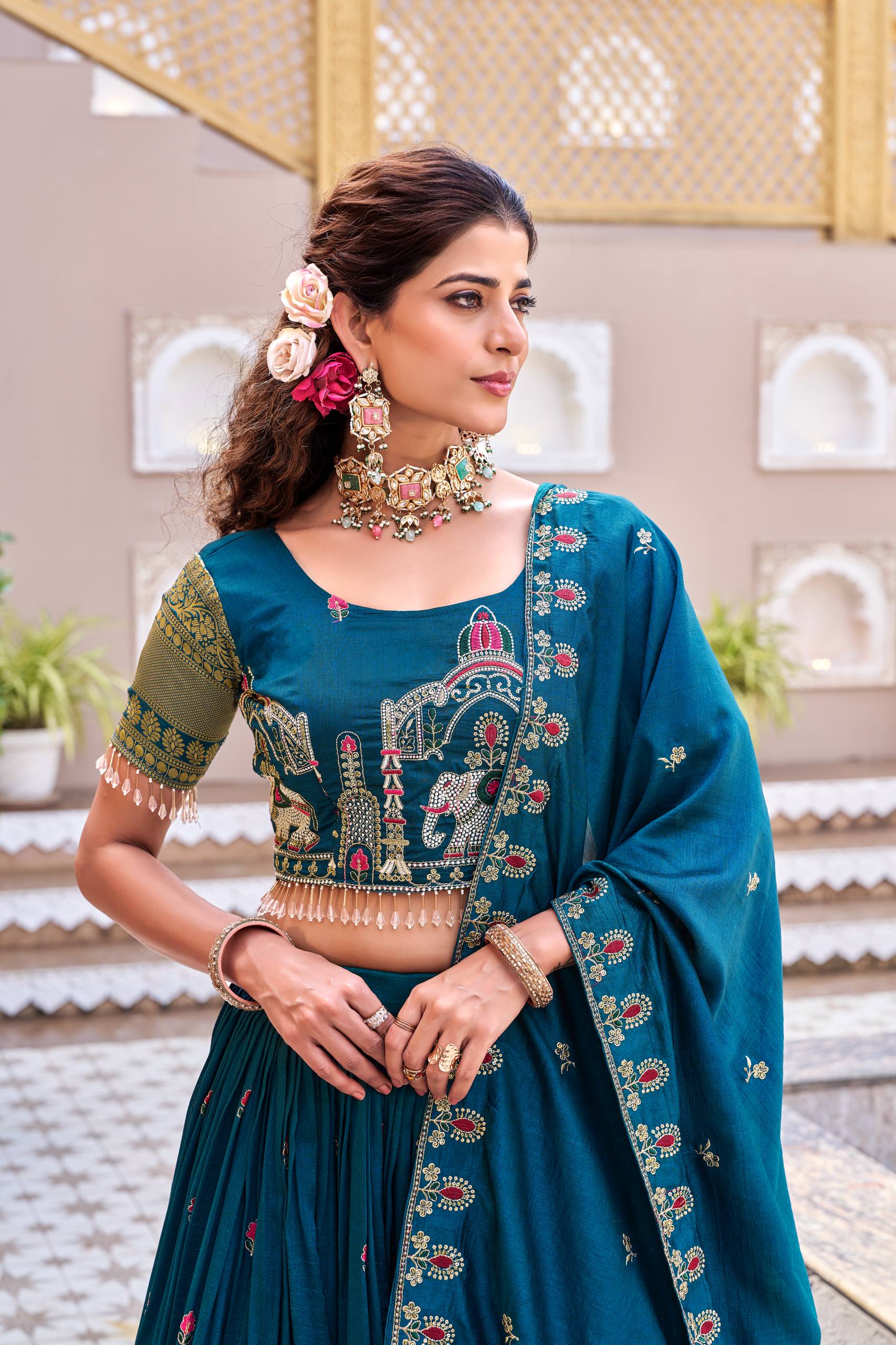 South Collection Satin Silk Lehenga Choli with Heavy Embroidery Sequence Work - Fully Stitched