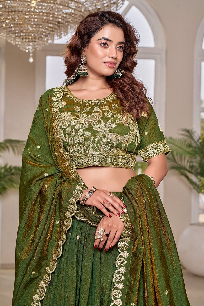 Wedding Collection Pure NC Vichitra Lehenga Choli with Heavy Cording Embroidery Work - Fully Stitched