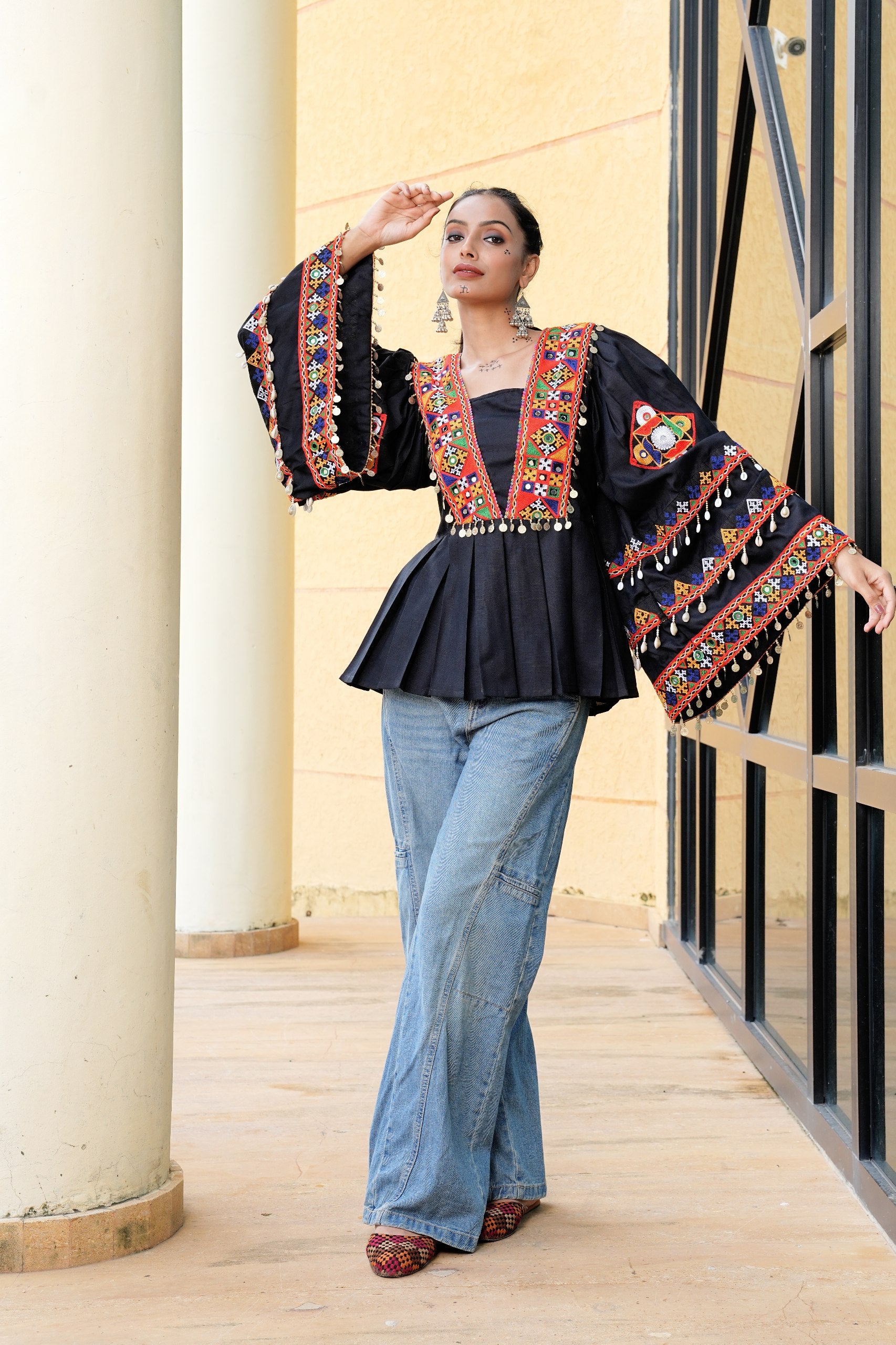 Navratri Special Black Kutchi Embroidered Kurti with Mirror Work - Fully Stitched