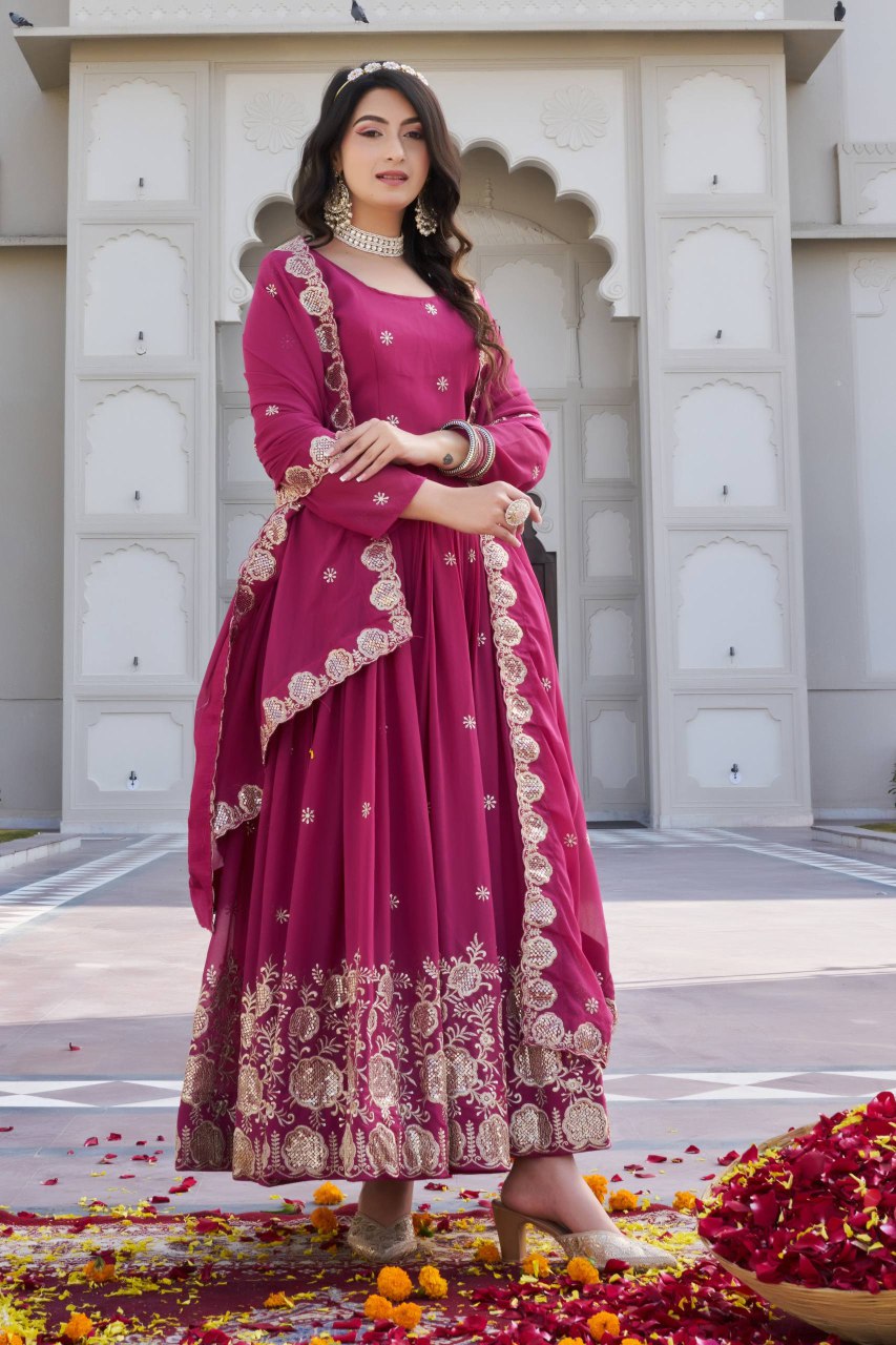Festival Collection Fox Georgette Long Gown with Heavy Sequence Embroidery Work - Fully Stitched