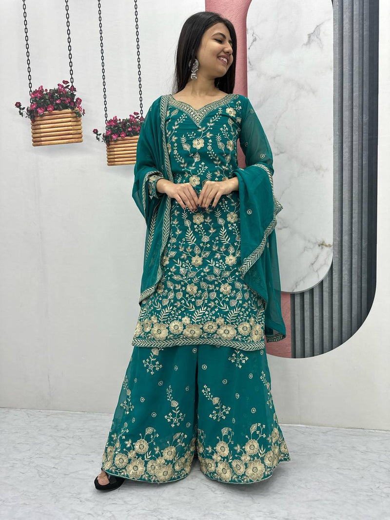Designer Party Wear Embroidered Palazzo Suit Set with Dupatta - Fully Stitched