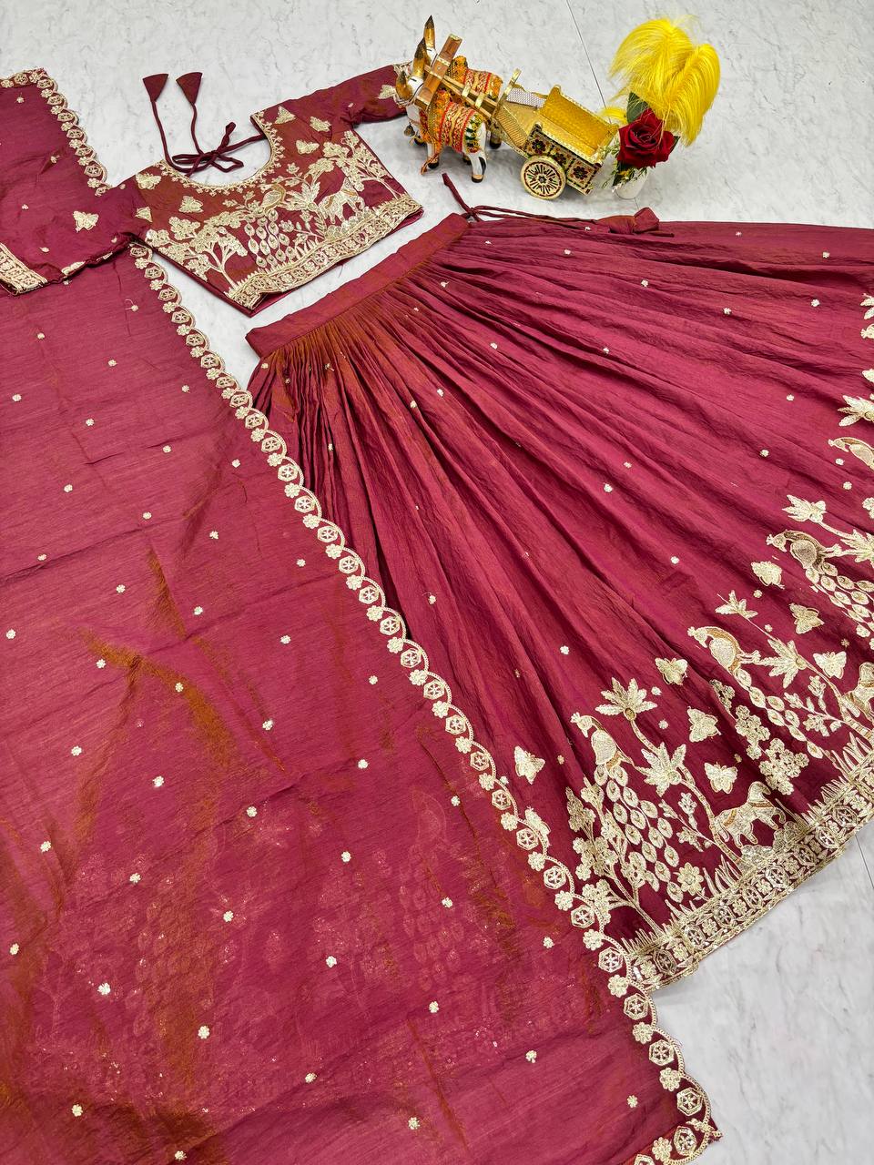 Wedding Collection Pure NC Vichitra Lehenga Choli with Heavy Cording Embroidery Work - Fully Stitched