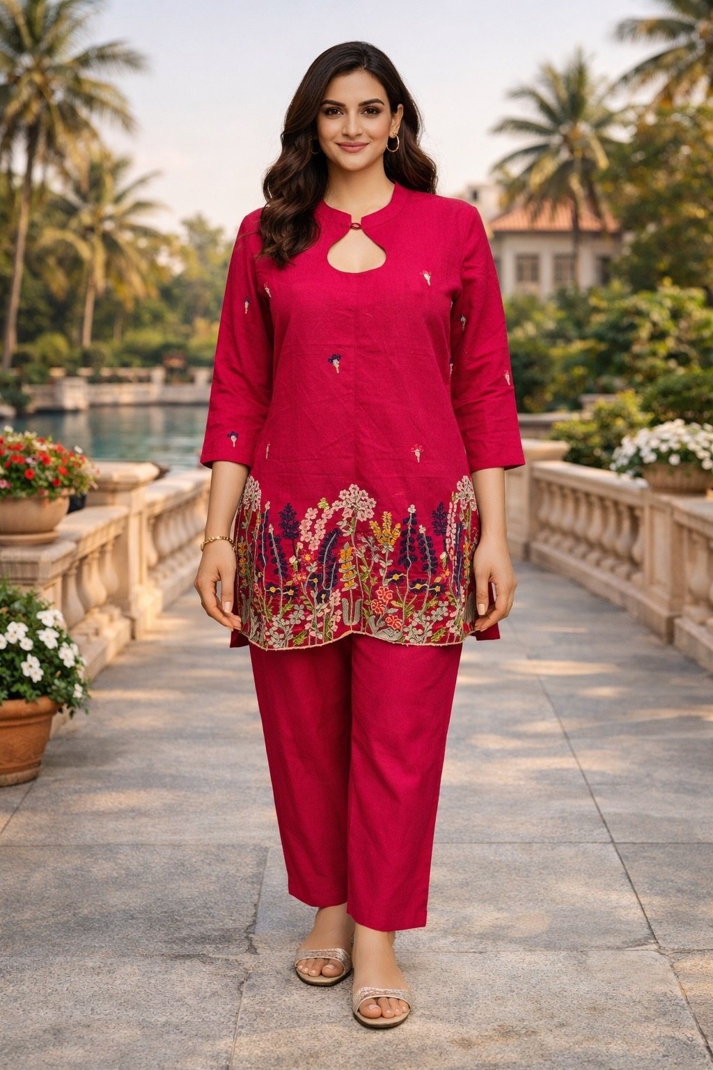 Women's Cotton Silk Embroidered Co-Ord Set with Round Neck Top and Pant - Fully Stitched