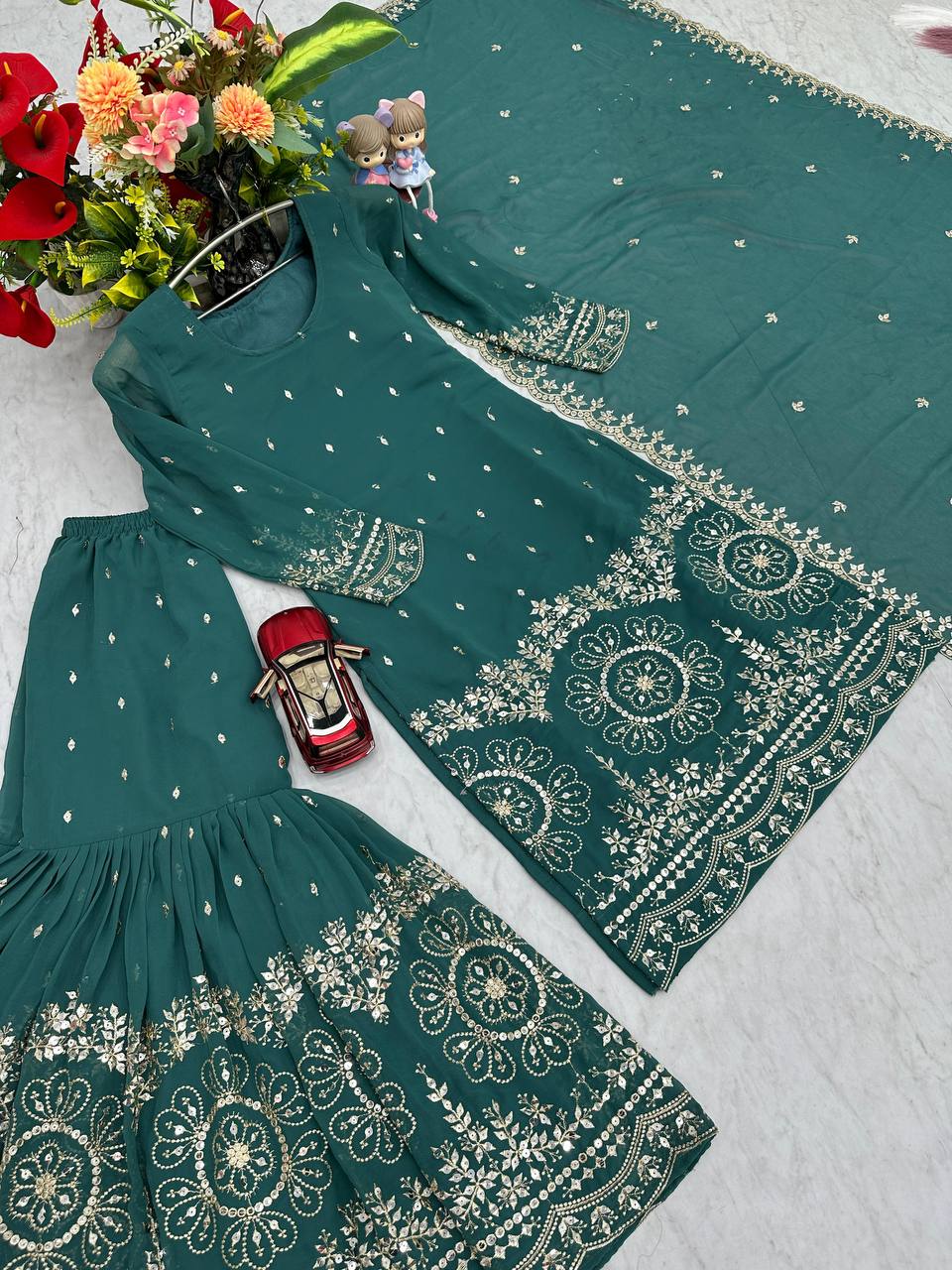 Designer Party Wear Embroidered Sharara Suit Set with Heavy Sequence Work - Fully Stitched
