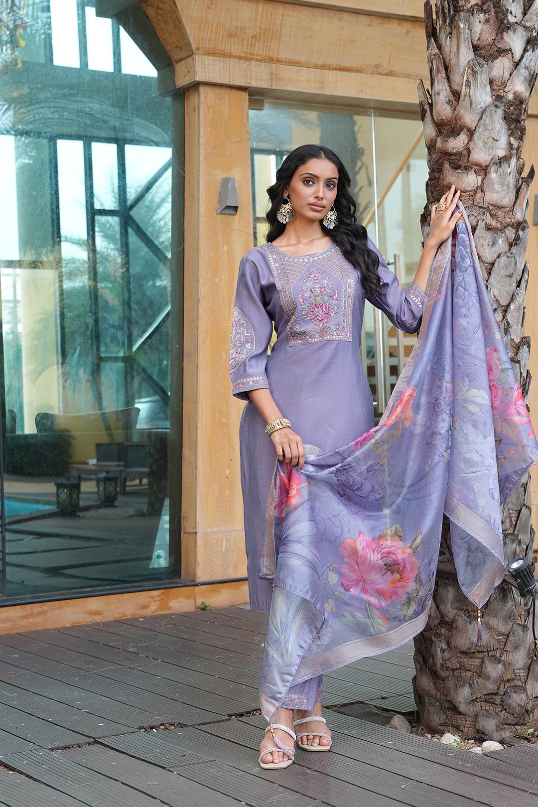 Designer Embroidered Kurta Pant Set with Printed Dupatta Perfect For Wedding Function