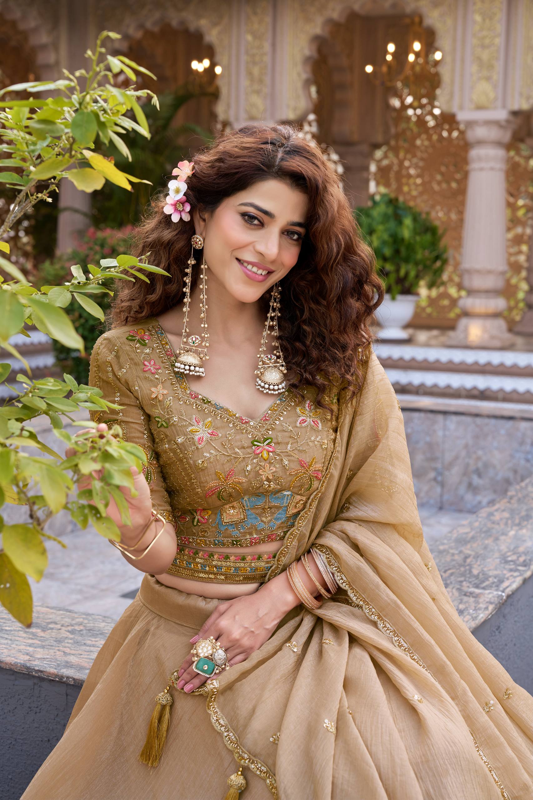 Bridal Wedding Crunchy Lehenga Choli with Heavy Embroidery and 9 Meter Flair - Fully Stitched