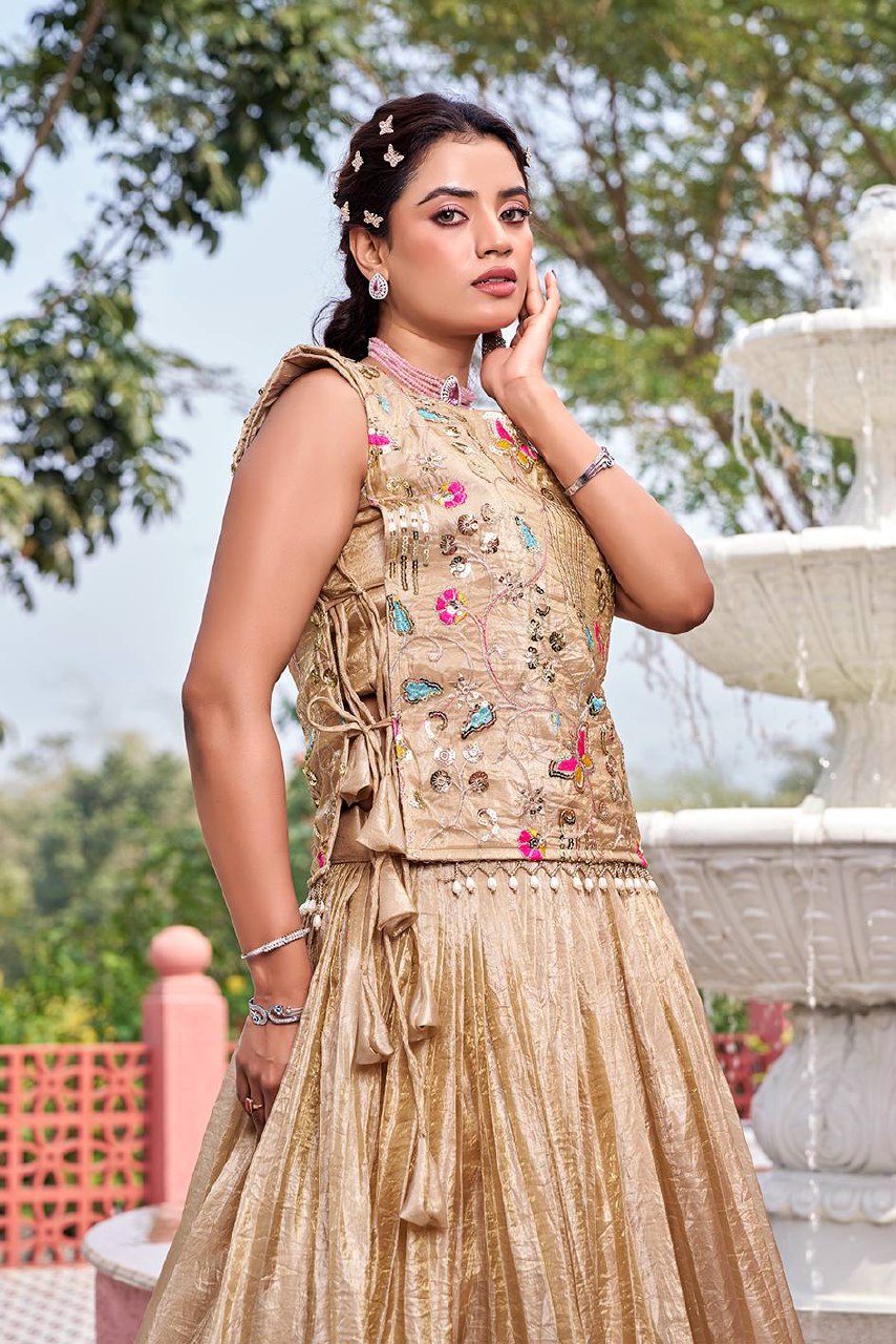 Wedding Collection Pure Gold Crush Lehenga Choli with Embroidered Shrug - Fully Stitched