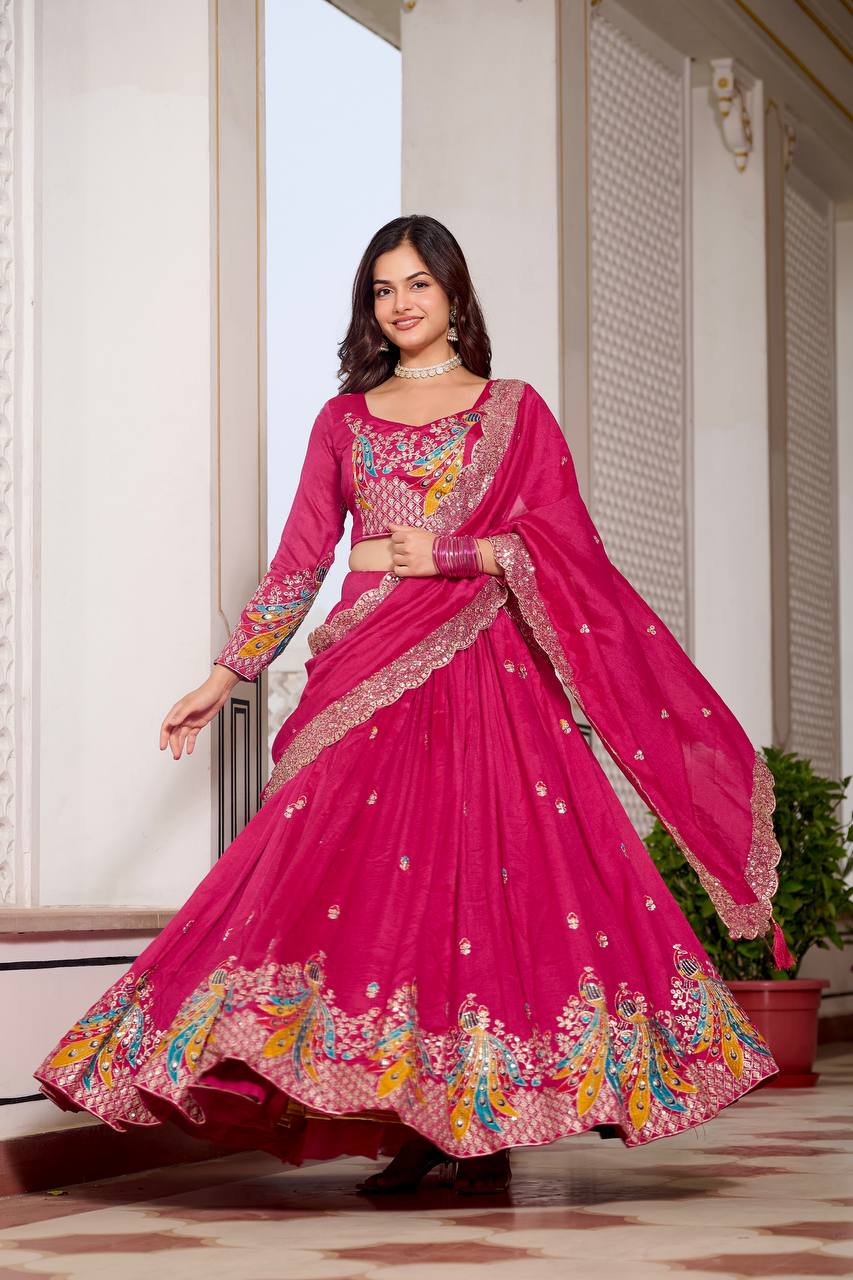 Festival Collection Vichitra Lehenga Choli with Heavy Embroidery and 3MM Sequence Work  - Fully Stitched (