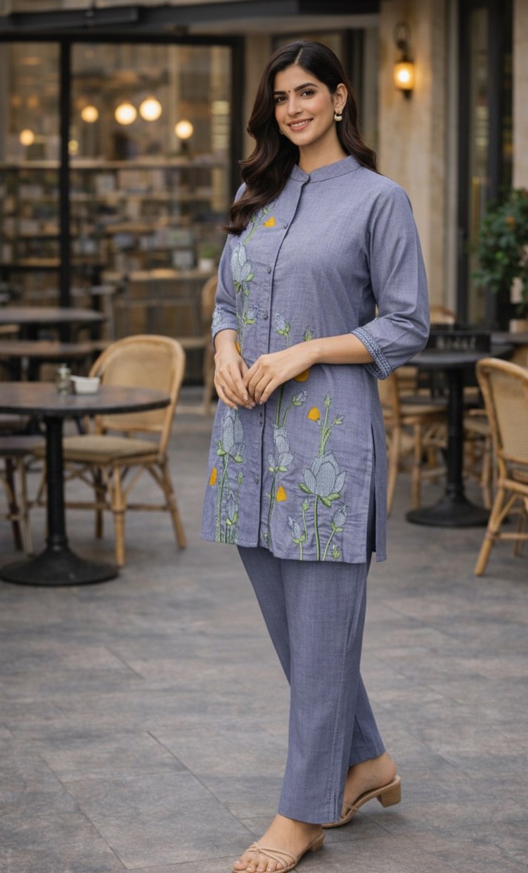 Women's Pure Cotton Embroidered Co-Ord Set with Collar Neck Top and Pant - Fully Stitched
