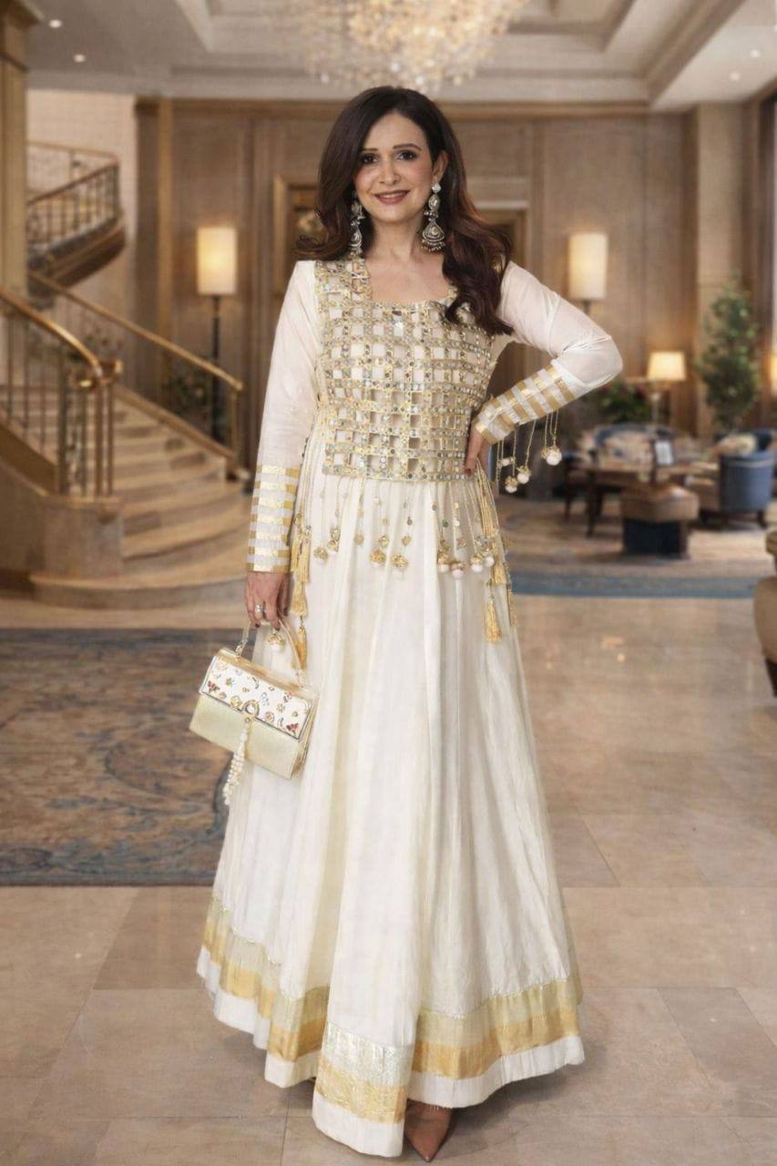 Designer Georgette Top, Silk Pant & Mirror Work Jacket Set