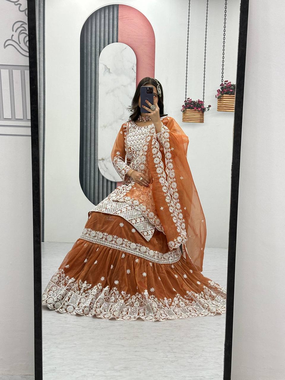 Designer Party Wear Farshi Sharara Set with Heavy Embroidered Top and Dupatta - Fully Stitched