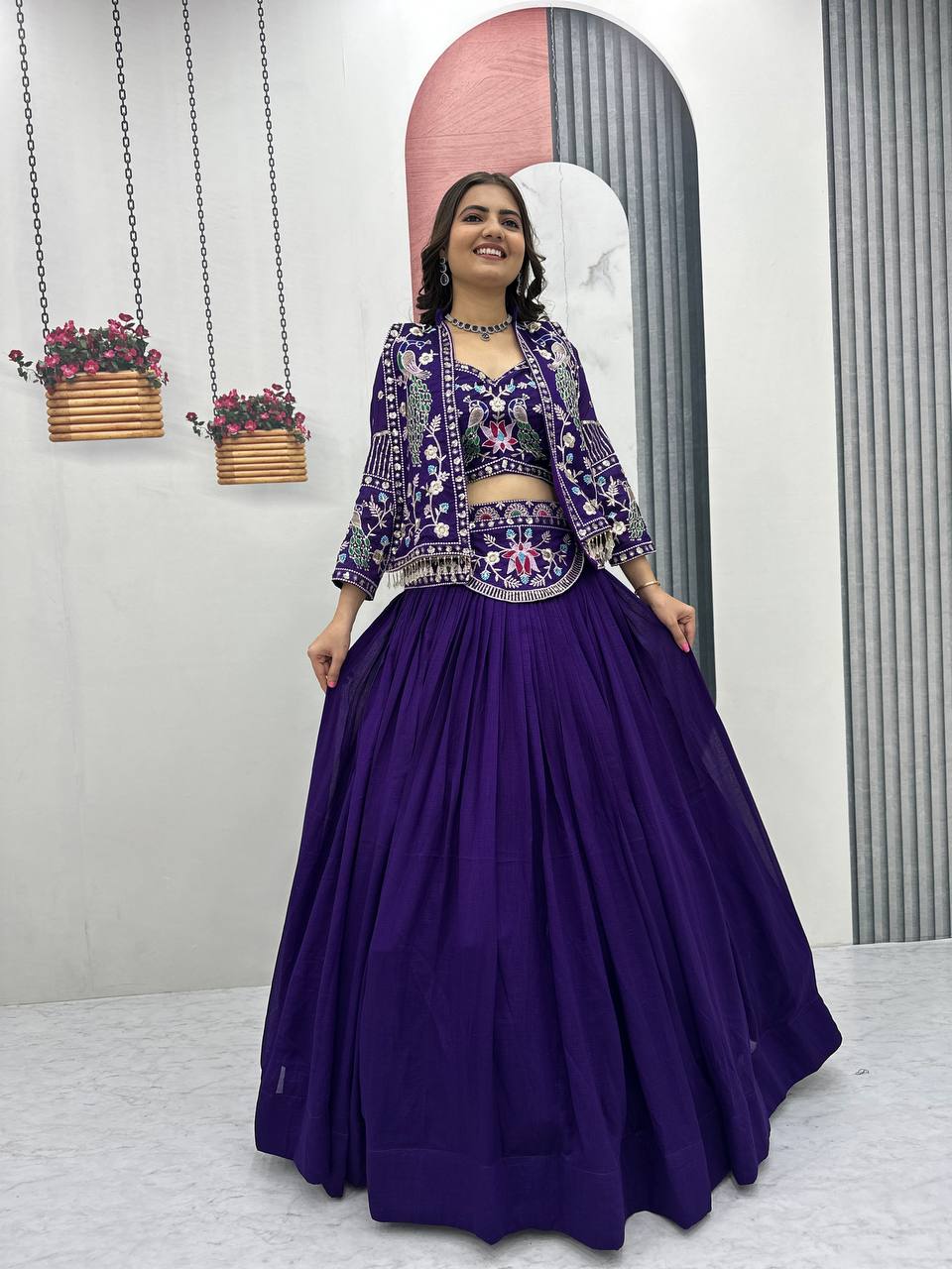 Stylish Indo Western Lehenga Set with Embroidered Shrug - Fully Stitched