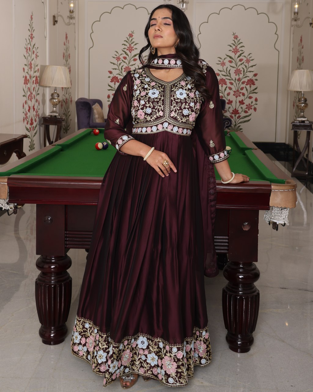 Wedding Wear Coffee Rangoli Silk Anarkali Suit Set with Dupatta
