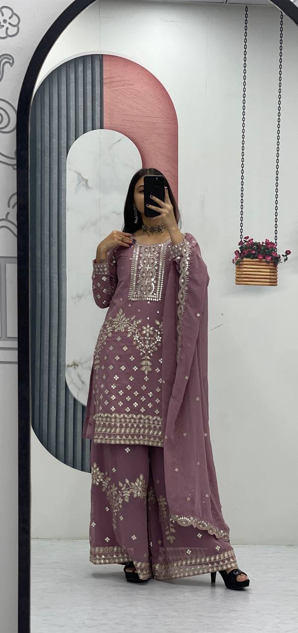 Designer Party Wear Embroidered Palazzo Suit Set with Dupatta - Fully Stitched