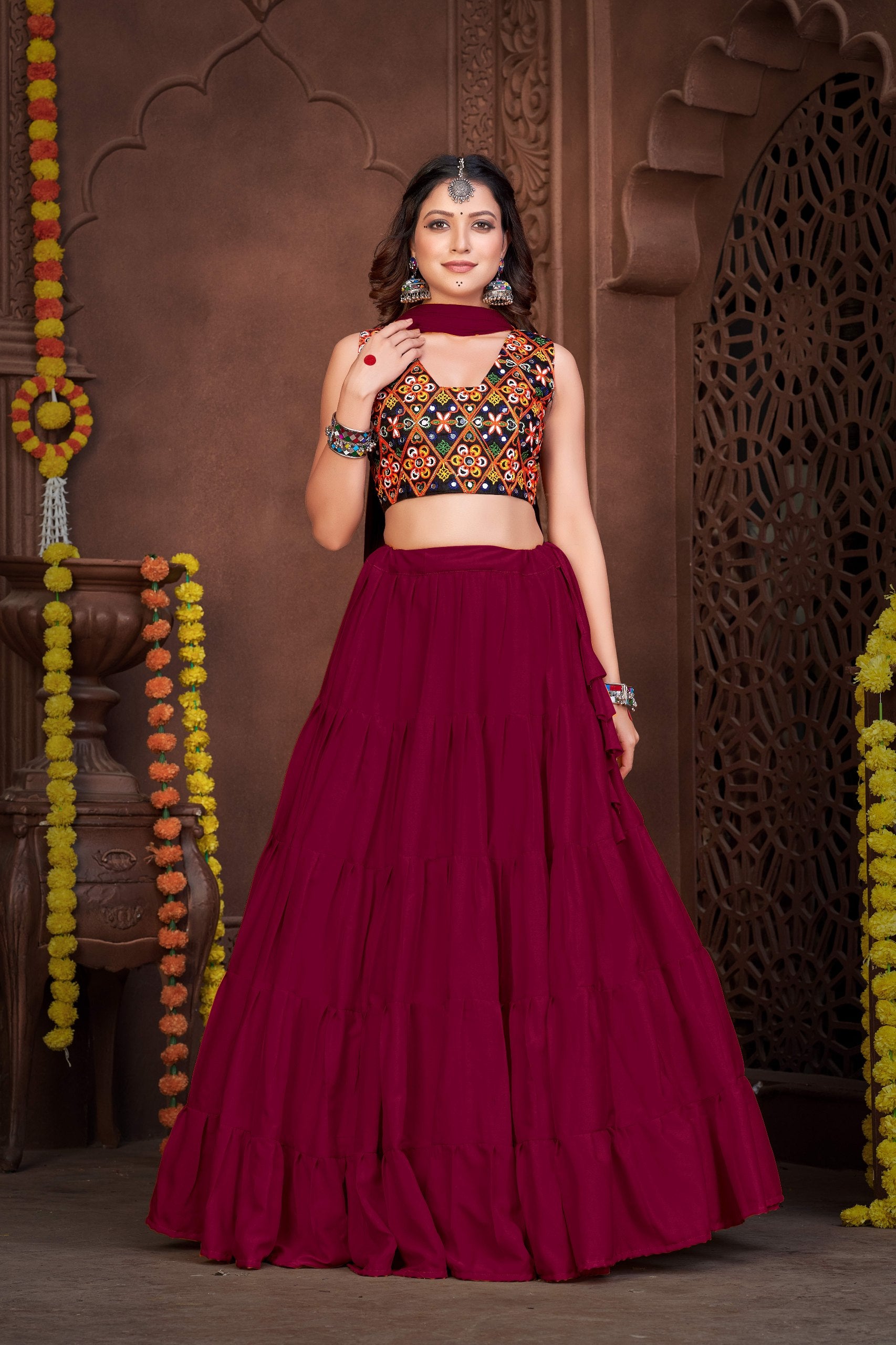 Navratri Special French Crepe Chaniya Choli with Kutchi Mirror Work Blouse