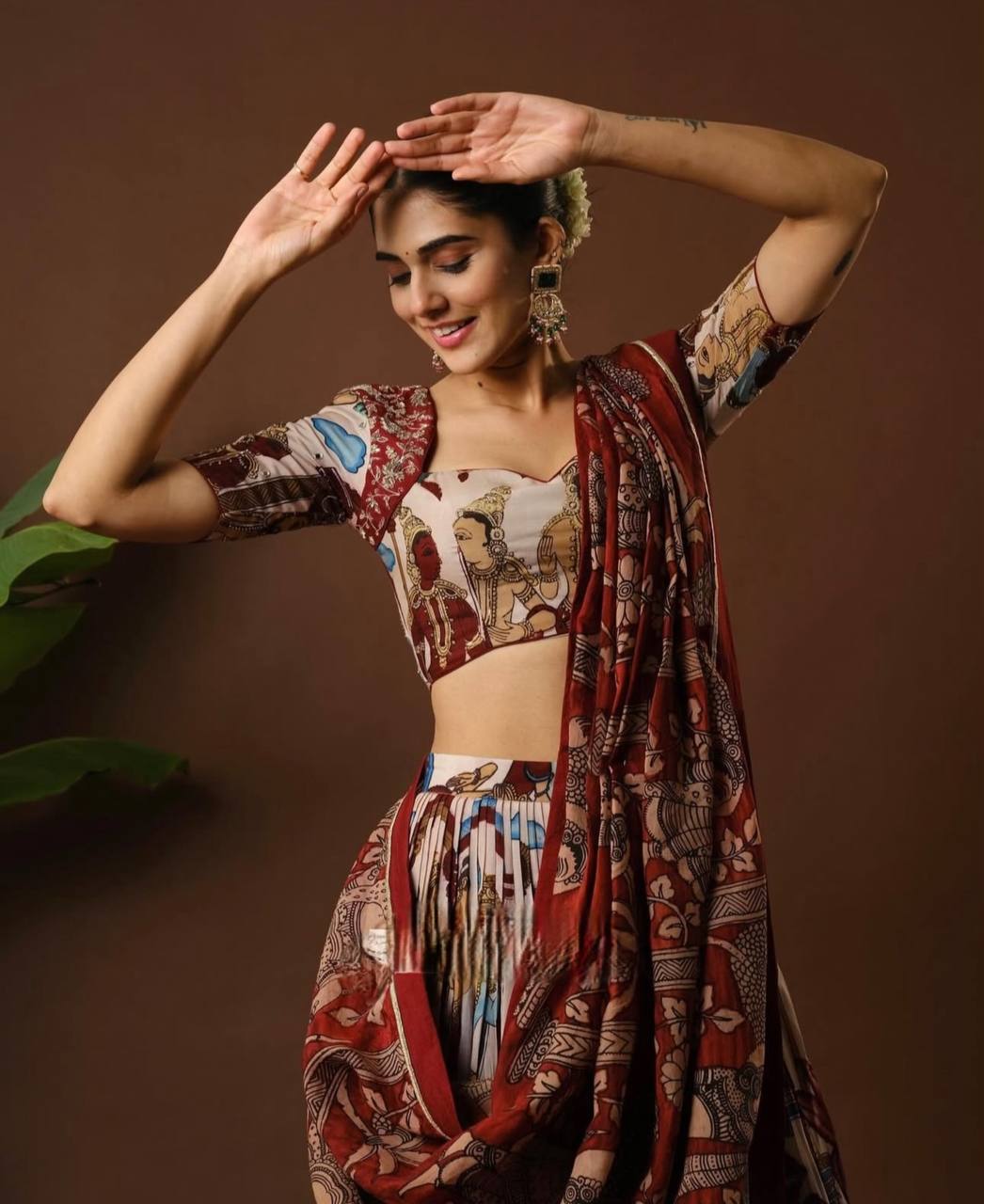 Traditional Kalamkari Print Cotton Lehenga Choli with Dupatta - Fully Stitched
