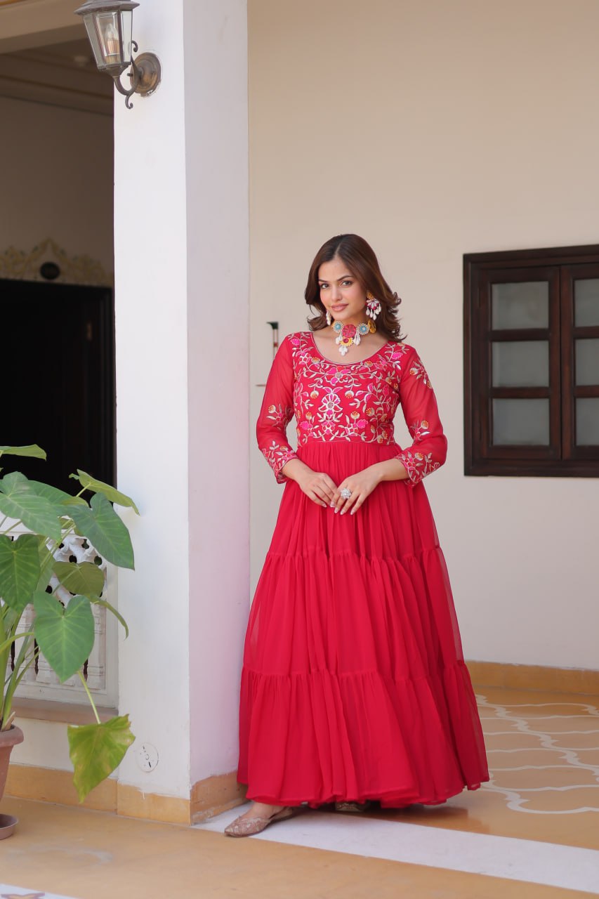 New Festival Collection Fox Georgette Long Gown with Heavy 3MM Sequence Thread Work - Fully Stitched