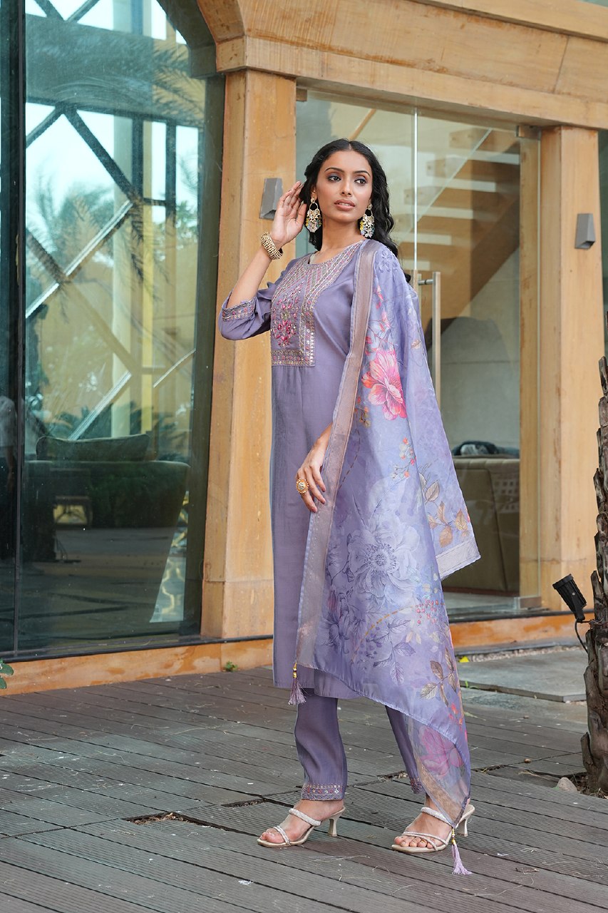 Designer Embroidered Kurta Pant Set with Printed Dupatta Perfect For Wedding Function