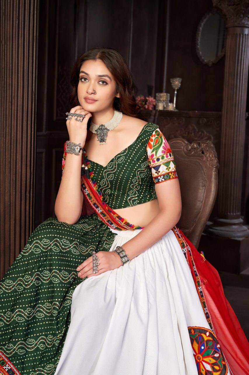 Navratri Special White Cotton Silk Chaniya Choli with Traditional Kutchi Mirror Work
