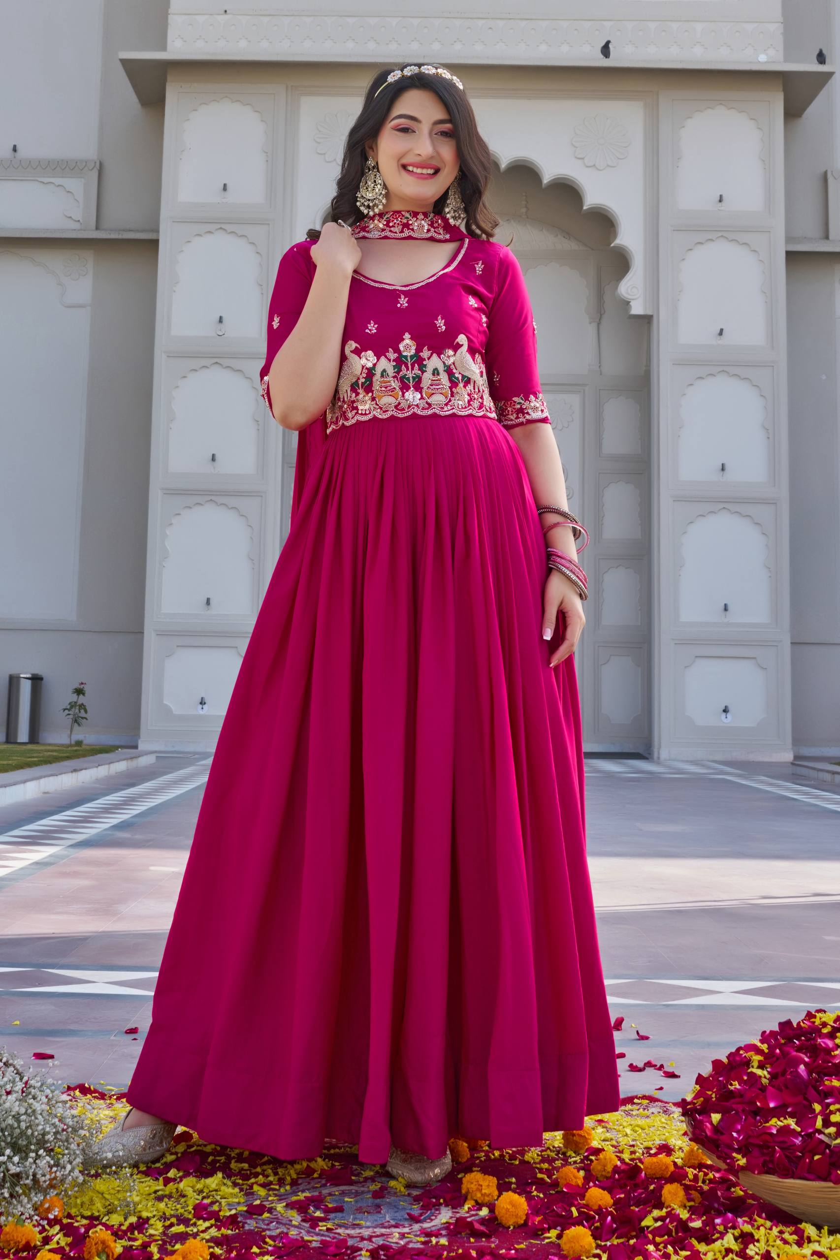 Festival Collection Crepe Silk Long Gown with Heavy Cording Sequence and Beads Embroidery Work - Fully Stitched