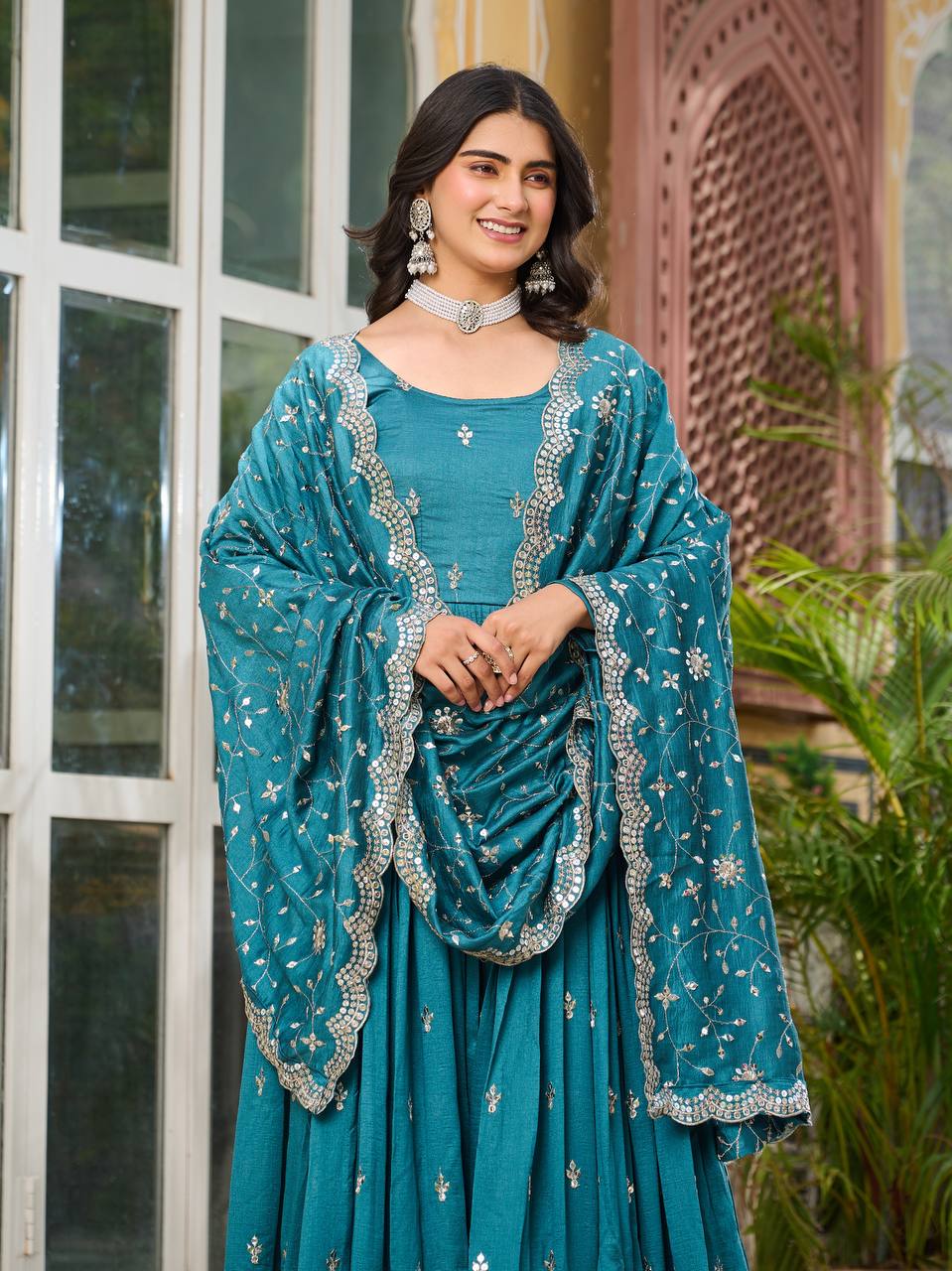New Festival Collection Vichitra Silk Long Gown with Heavy Sequence Embroidery Dupatta - Fully Stitched