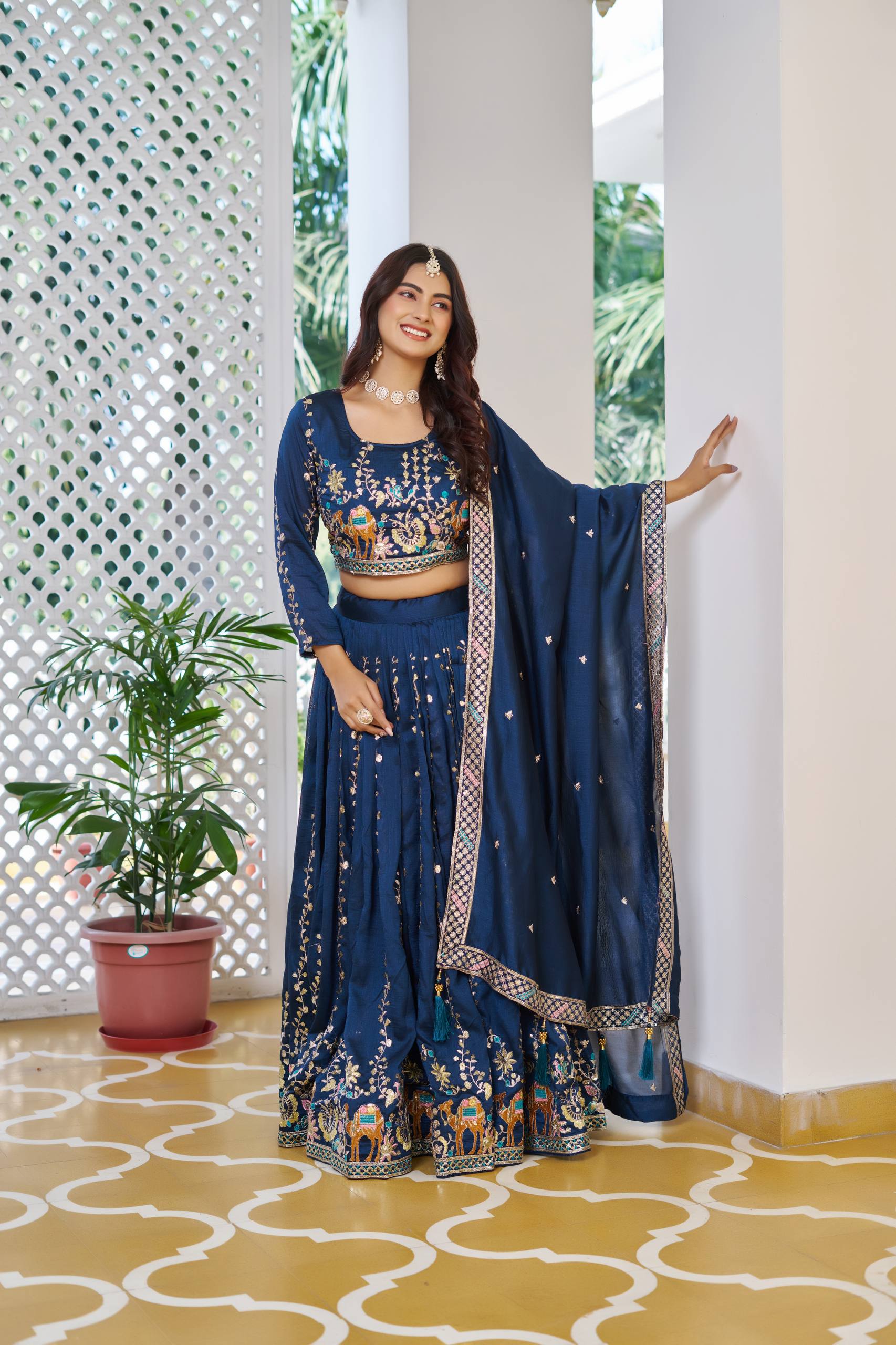 Festival Collection Vichitra Lehenga Choli with Heavy Embroidery Sequence Work - Fully Stitched