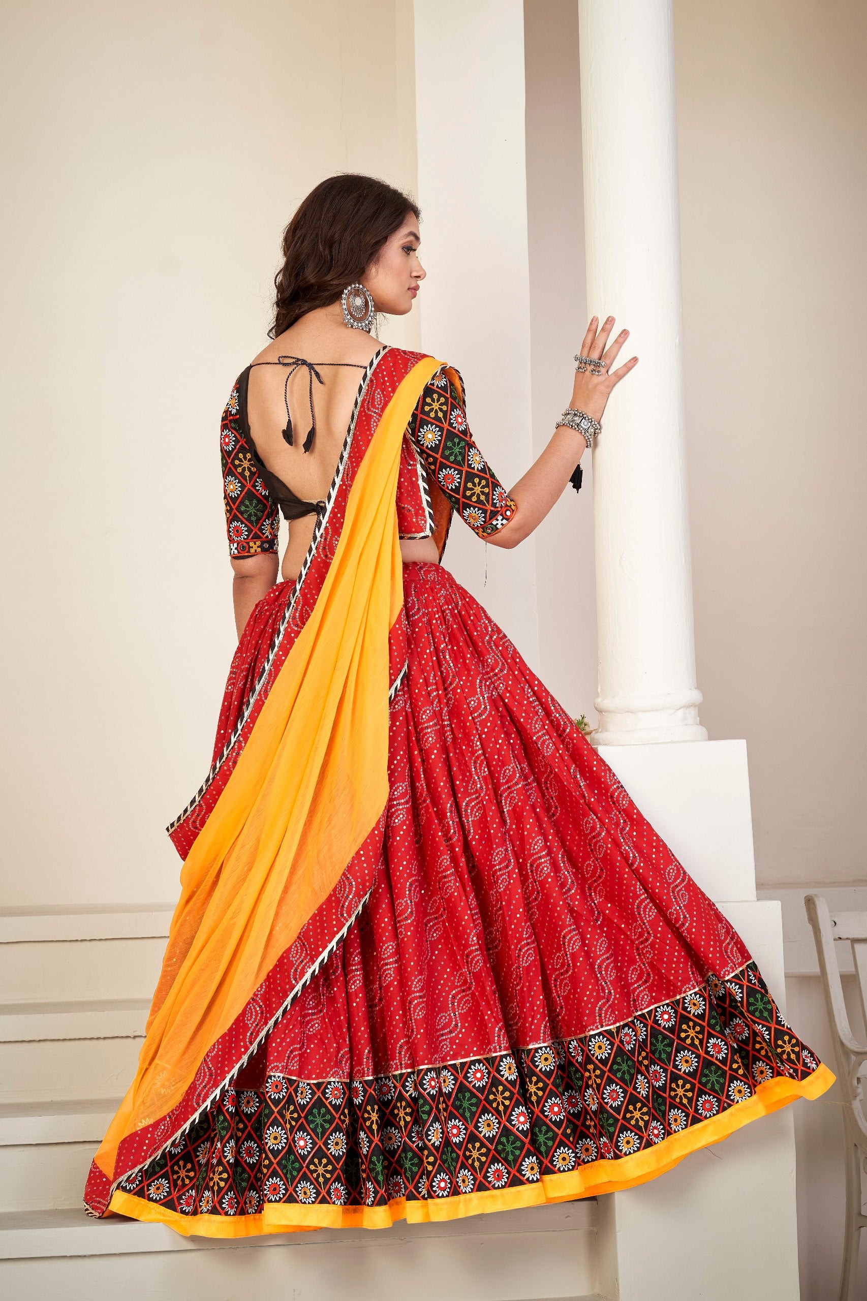 Navratri Special Red Bandhani Chaniya Choli with Mirror Work