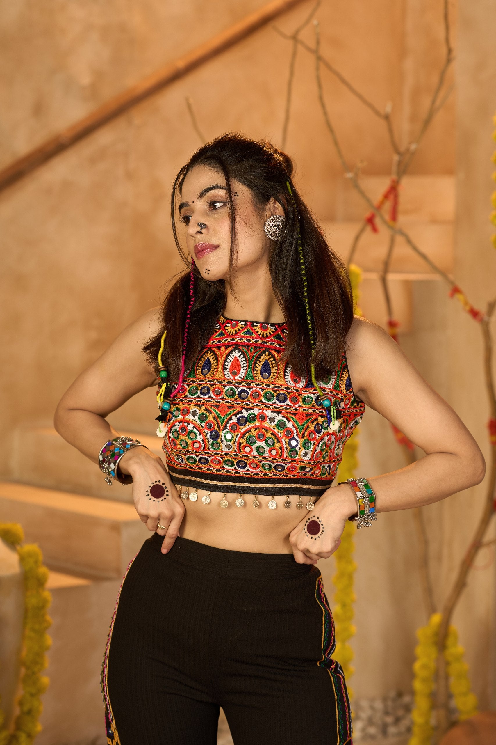 Navratri Special Black Embroidered Top Pant Set with Original Mirror Work - Fully Stitched