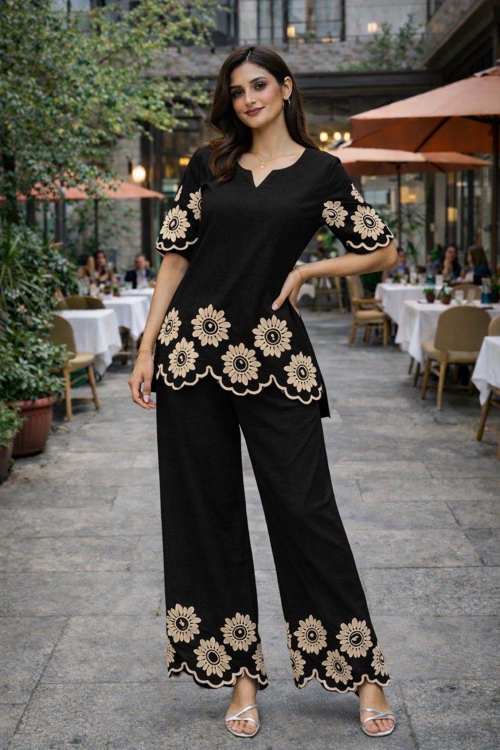 Women's Cotton Embroidered Chain Stitch Co-Ord Set with V-Neck Top and Pant - Fully Stitched
