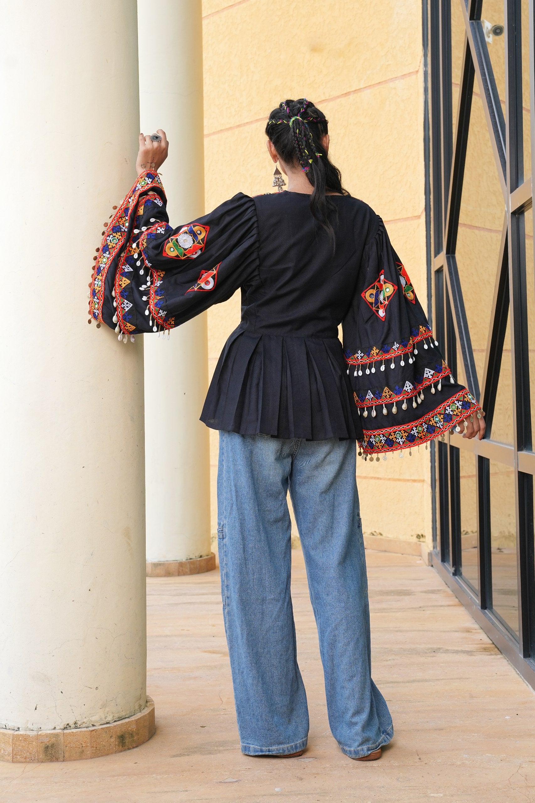 Navratri Special Black Kutchi Embroidered Kurti with Mirror Work - Fully Stitched