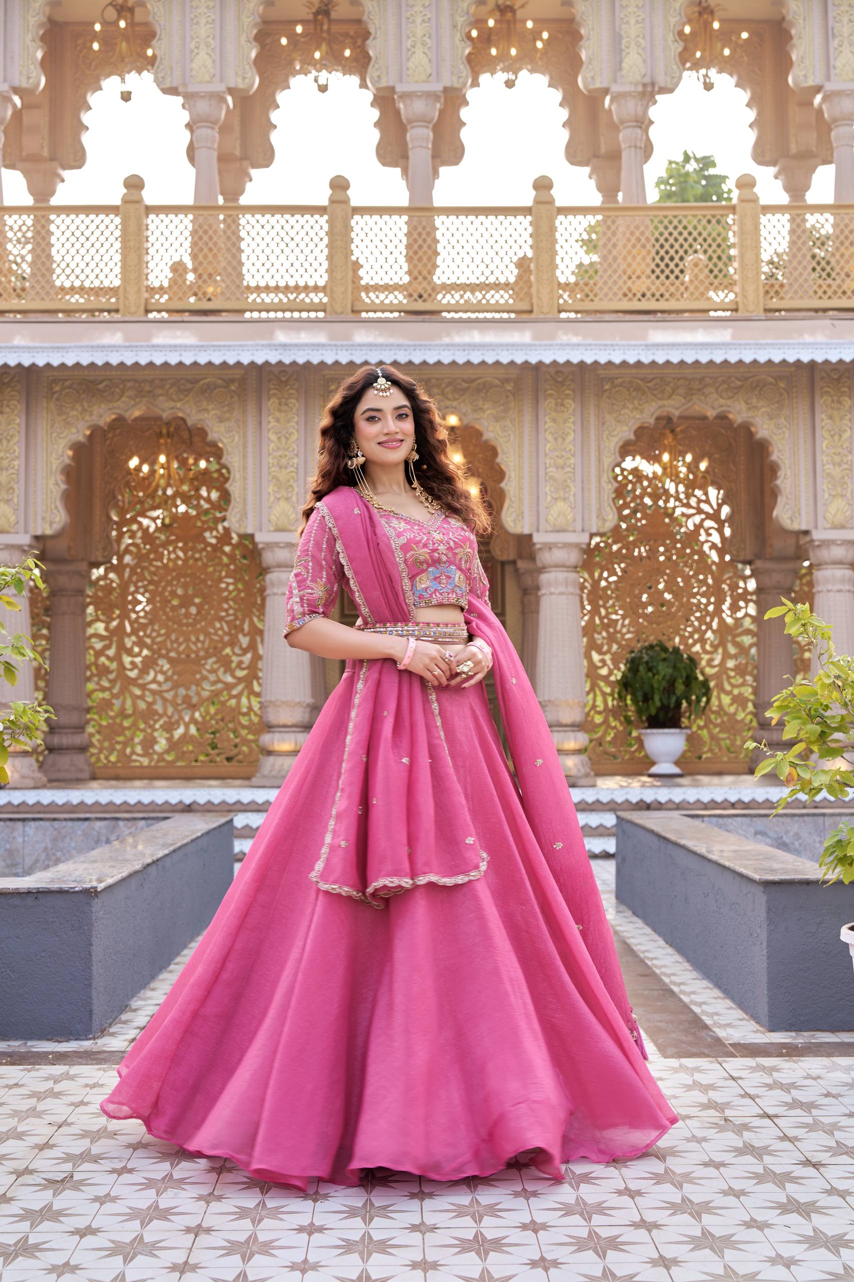 Bridal Wedding Crunchy Lehenga Choli with Heavy Embroidery and 9 Meter Flair - Fully Stitched