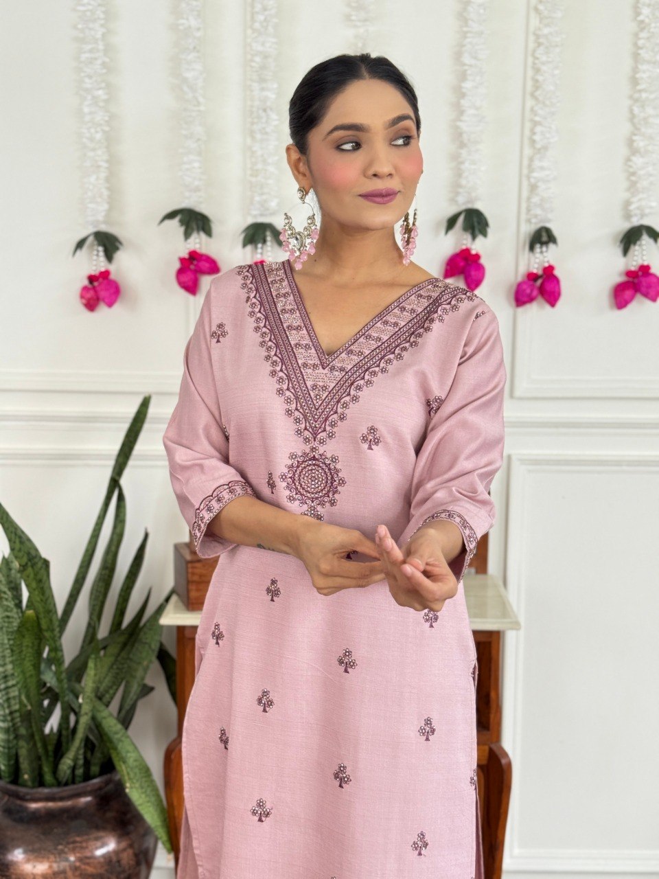 Stylish PV Chanderi Embroidered Kurta Pant Set with Silk Dupatta for Party Wear - Fully Stitched