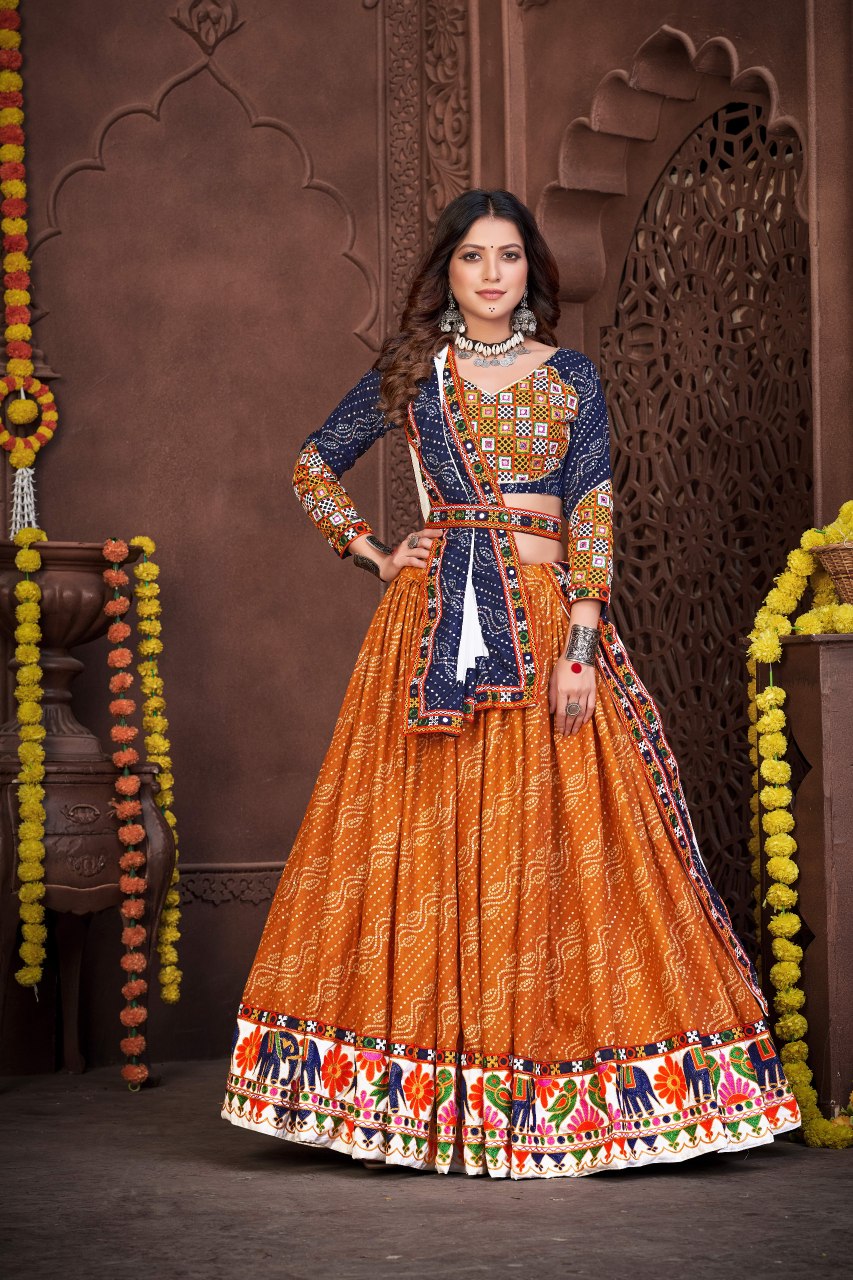 Navratri Special Blue & Mustard Bandhani Chaniya Choli with Embroidered Dupatta