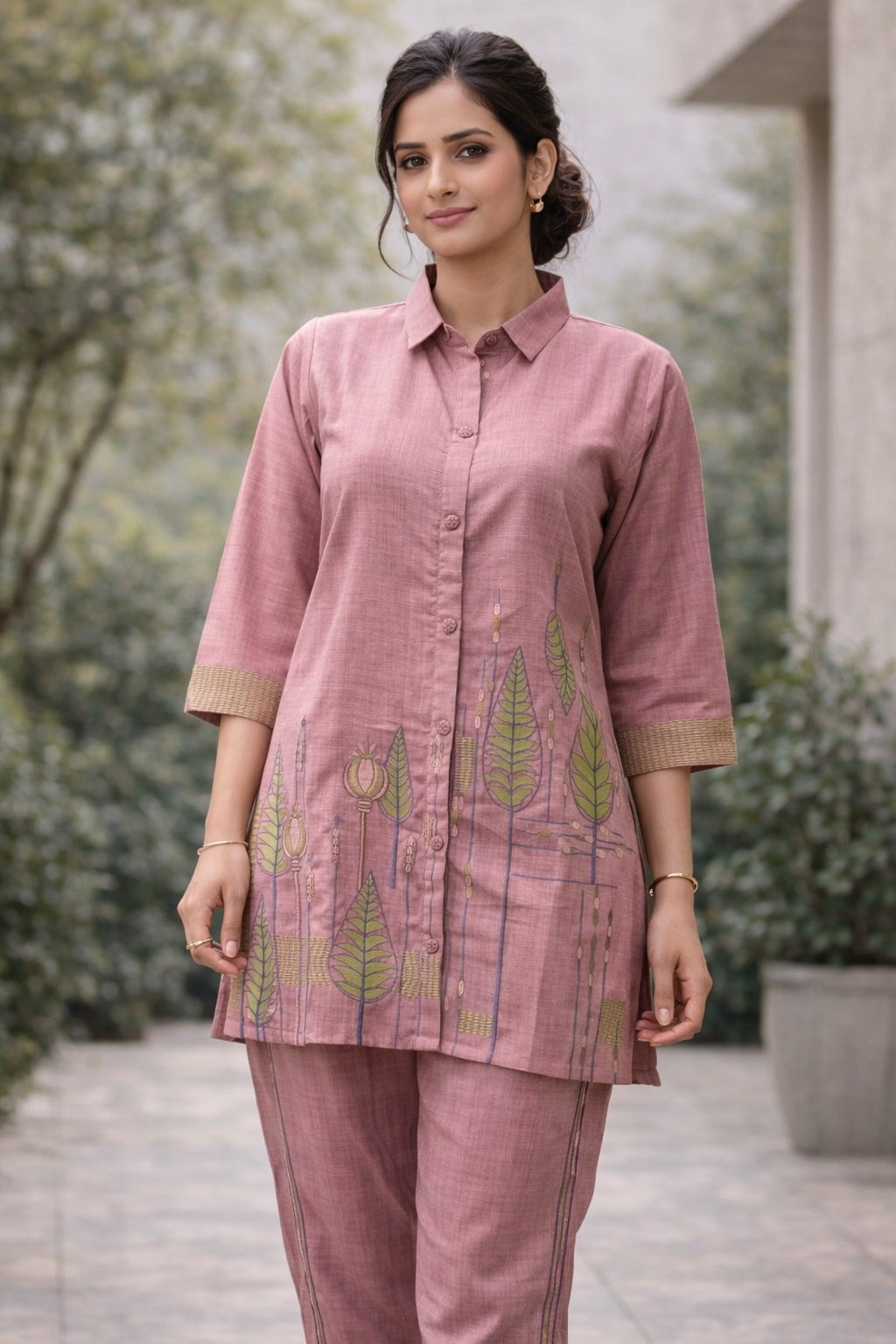 Women's Poly Linen Cotton Embroidered Co-Ord Set with Shirt Collar Top and Pant - Fully Stitched