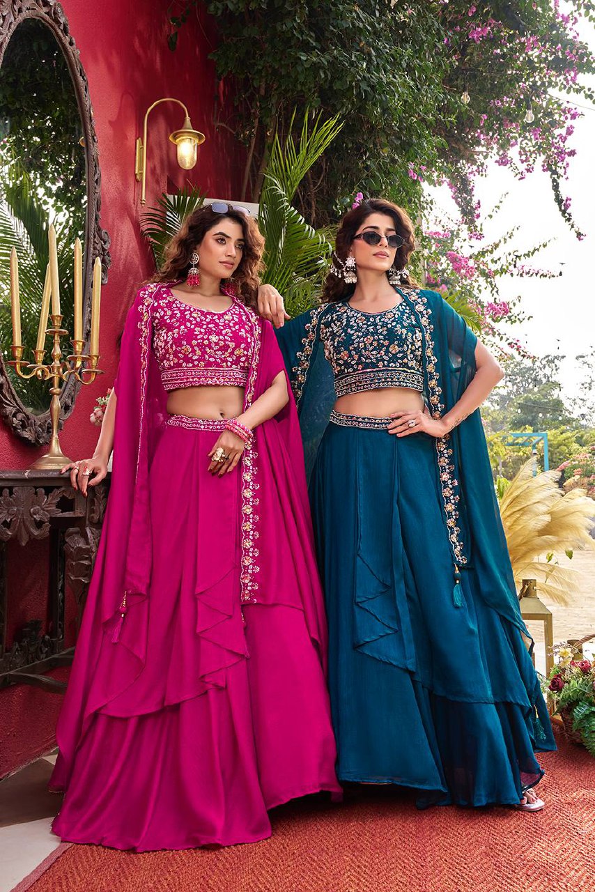 Wedding Special Pure Vichitra Silk Lehenga Choli with Shrug Style Dupatta - Fully Stitched