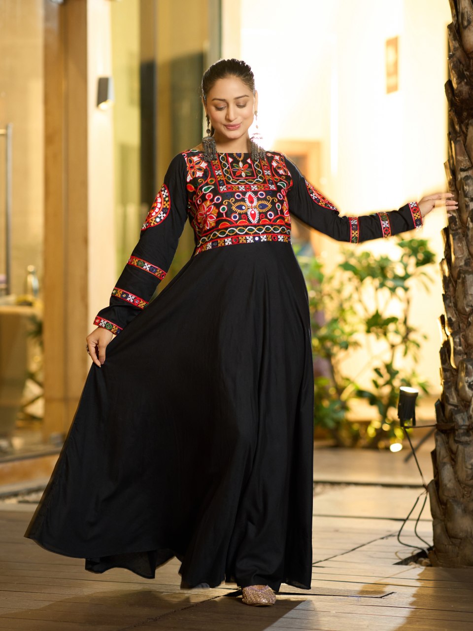 Navratri Special Black Embroidered Rayon Gown with Original Mirror Work