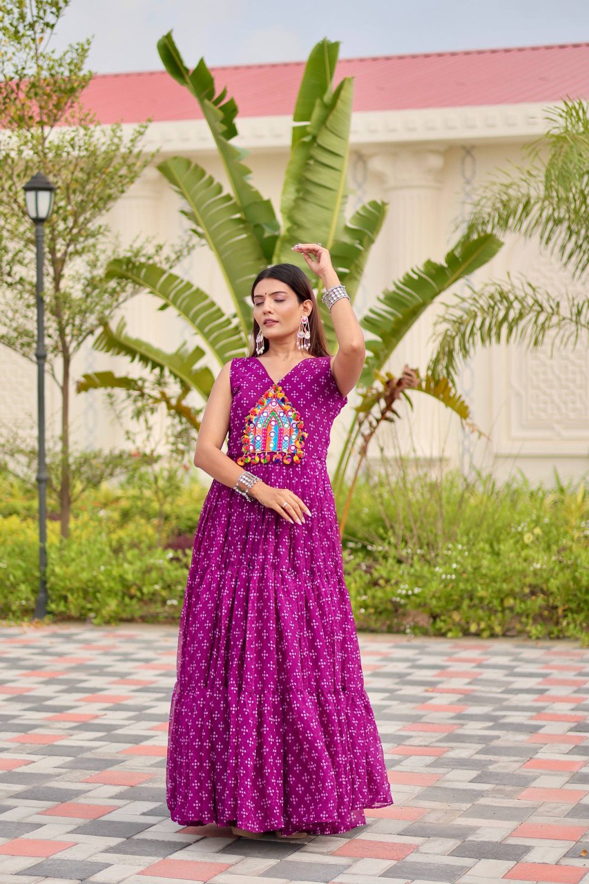 Navratri Special Faux Georgette Gown with Embroidery Thread Work and Real Mirror - Fully Stitched