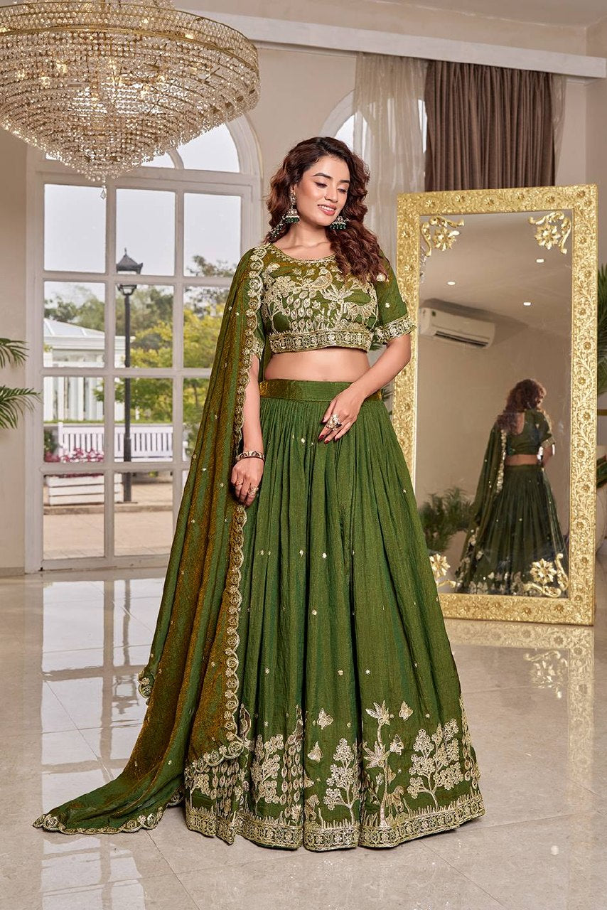 Wedding Collection Pure NC Vichitra Lehenga Choli with Heavy Cording Embroidery Work - Fully Stitched