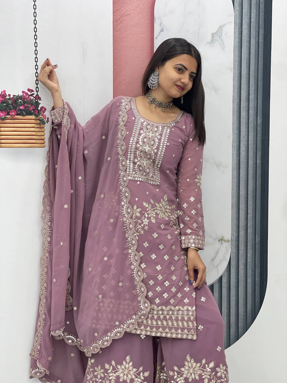 Designer Party Wear Embroidered Palazzo Suit Set with Dupatta - Fully Stitched