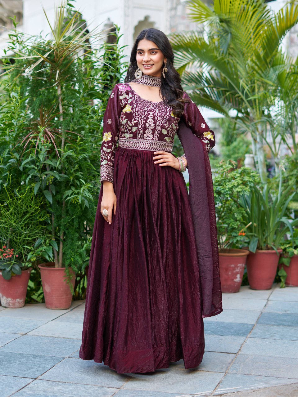 Festival Collection Fendy Silk Long Gown with Heavy Cording Sequence and Thread Embroidery Work - Fully Stitched