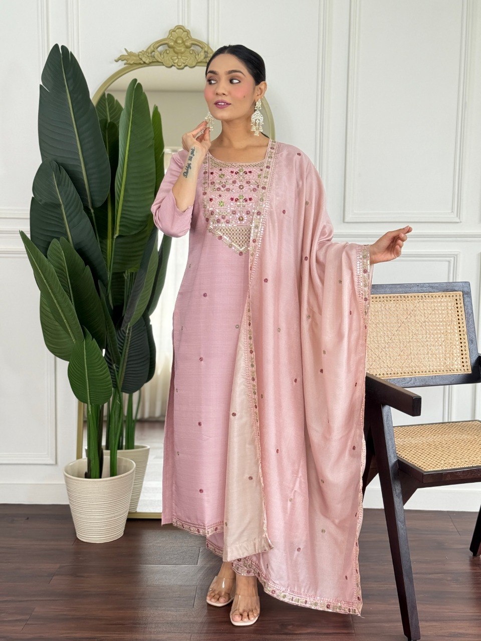 Stylish PV Chanderi Embroidered Kurta Pant Set with Silk Dupatta for Party Wear - Fully Stitched