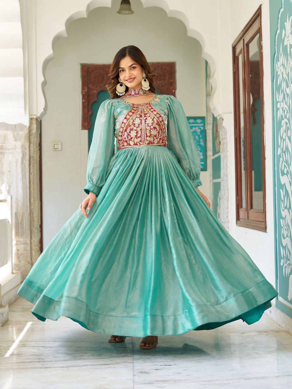 Festival Collection Fendy Silk Long Gown with Heavy Sequence and Thread Embroidery Work - Fully Stitched
