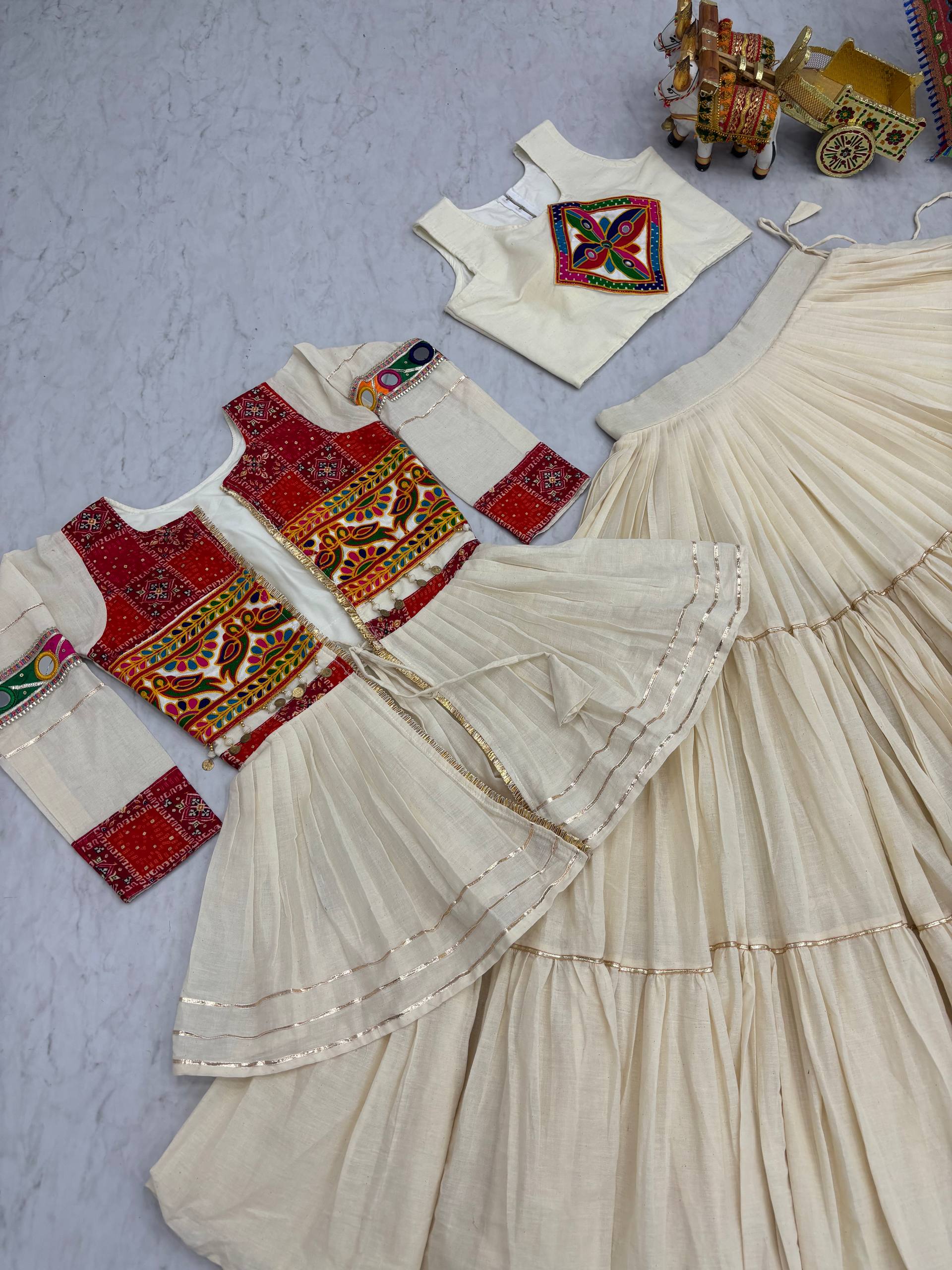 Navratri Special Pure Cotton Gamathi Work Lehenga Choli with Koti - Fully Stitched