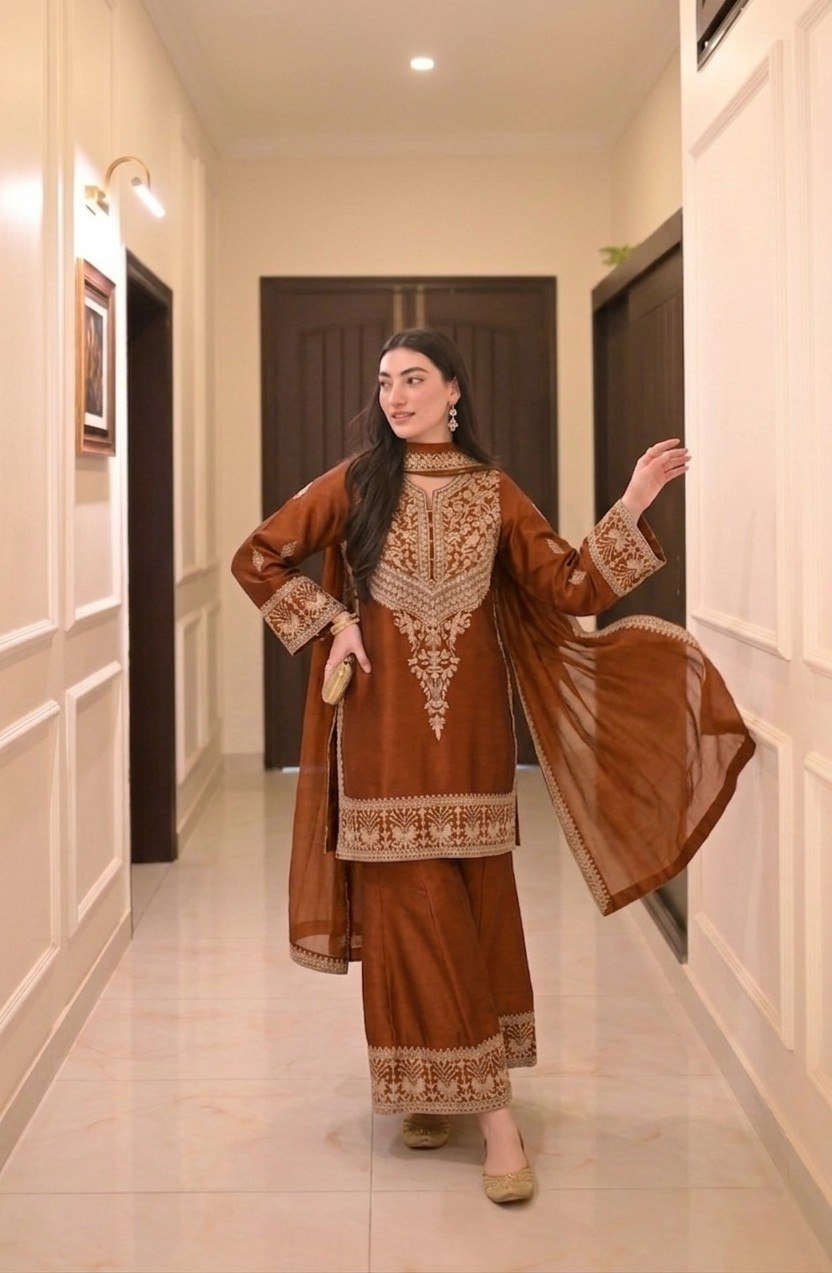 Stylish Vichitra Silk Embroidered Kurta Palazzo Set with Dupatta for Party Wear - Fully Stitched