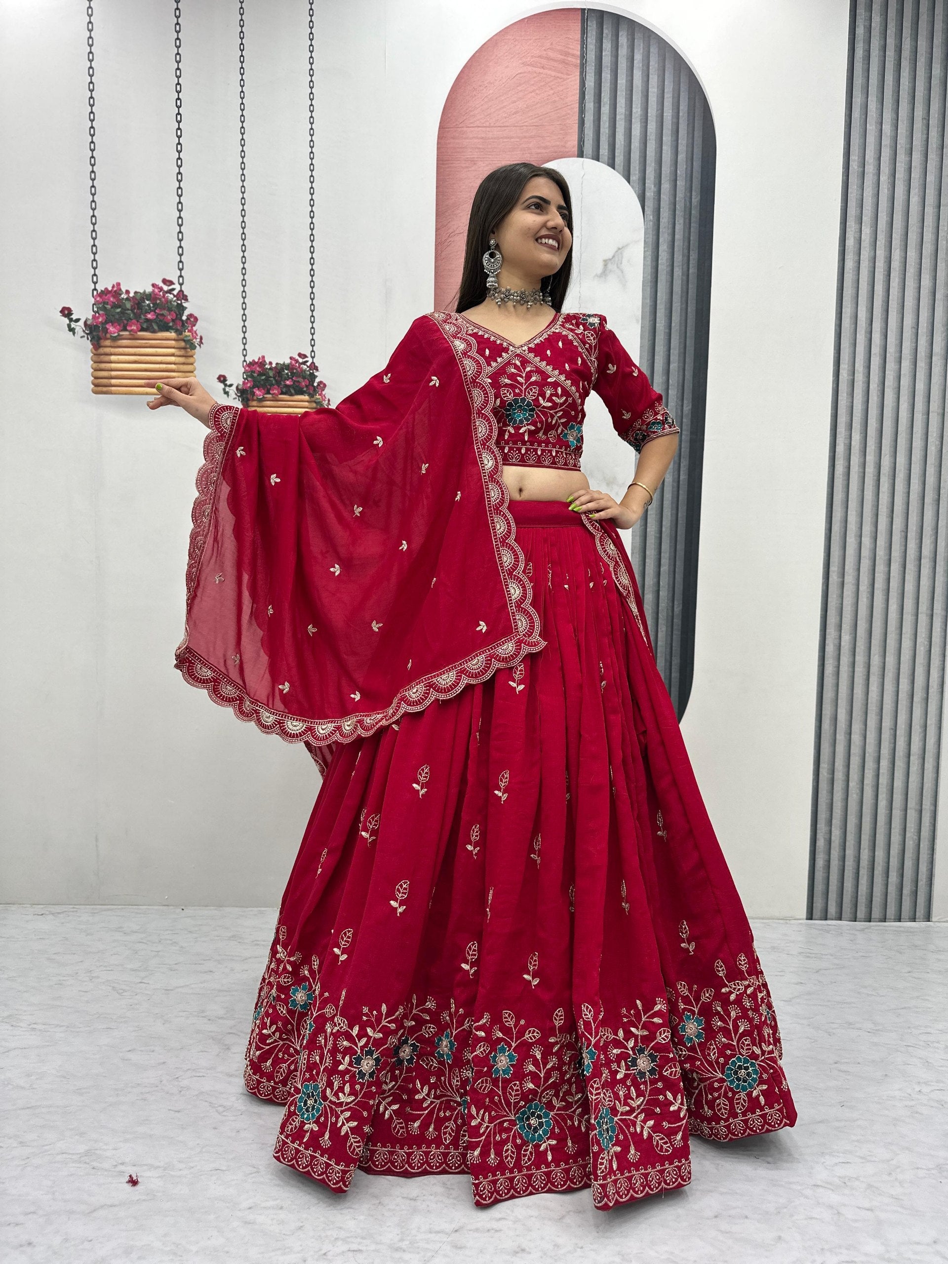 New Festival Pure Blooming Vichitra Silk Lehenga Choli with Heavy Embroidery Work - Fully Stitched